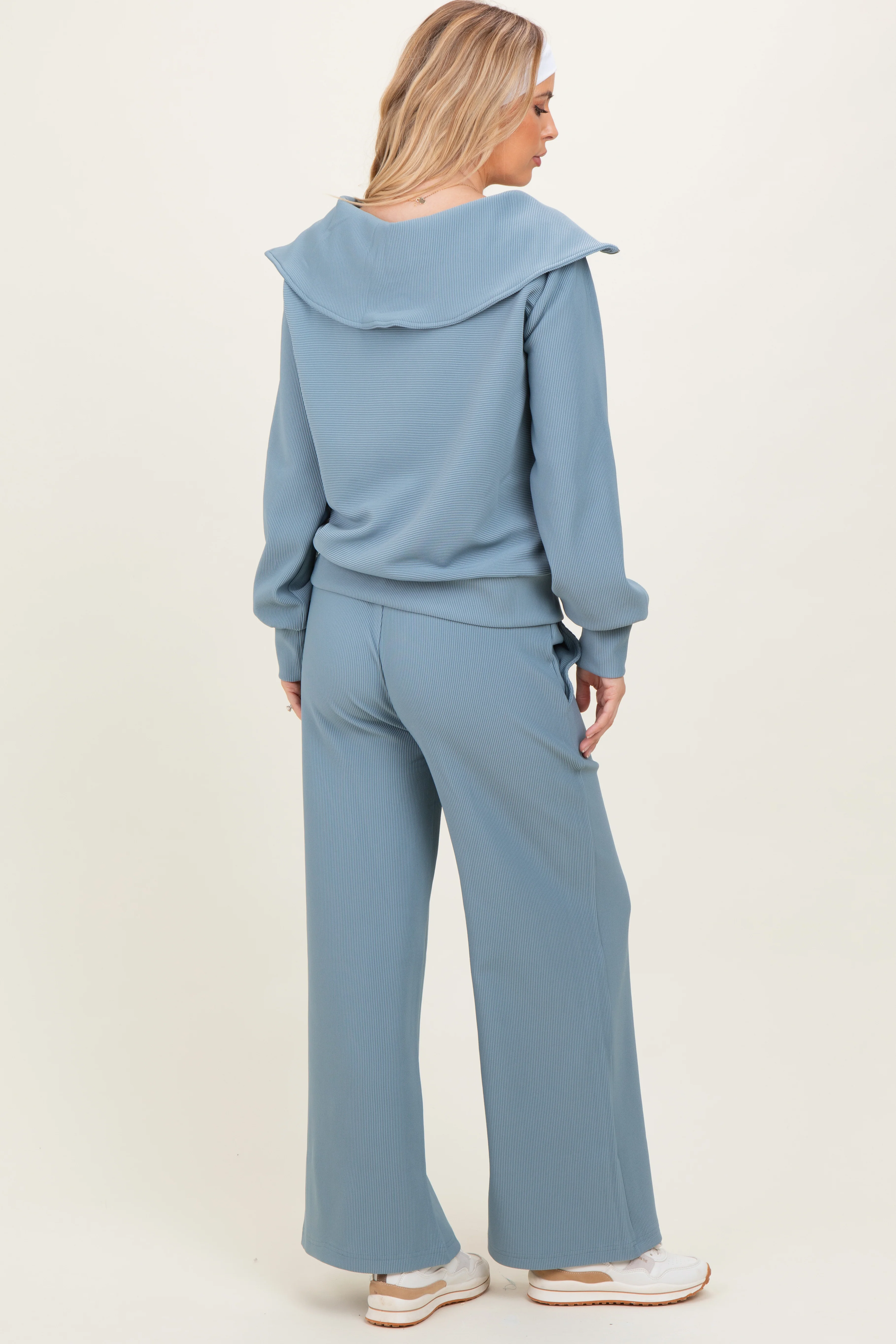 Light Blue RIbbed Half Zip Pullover Wide Leg Pant Set - Image 3