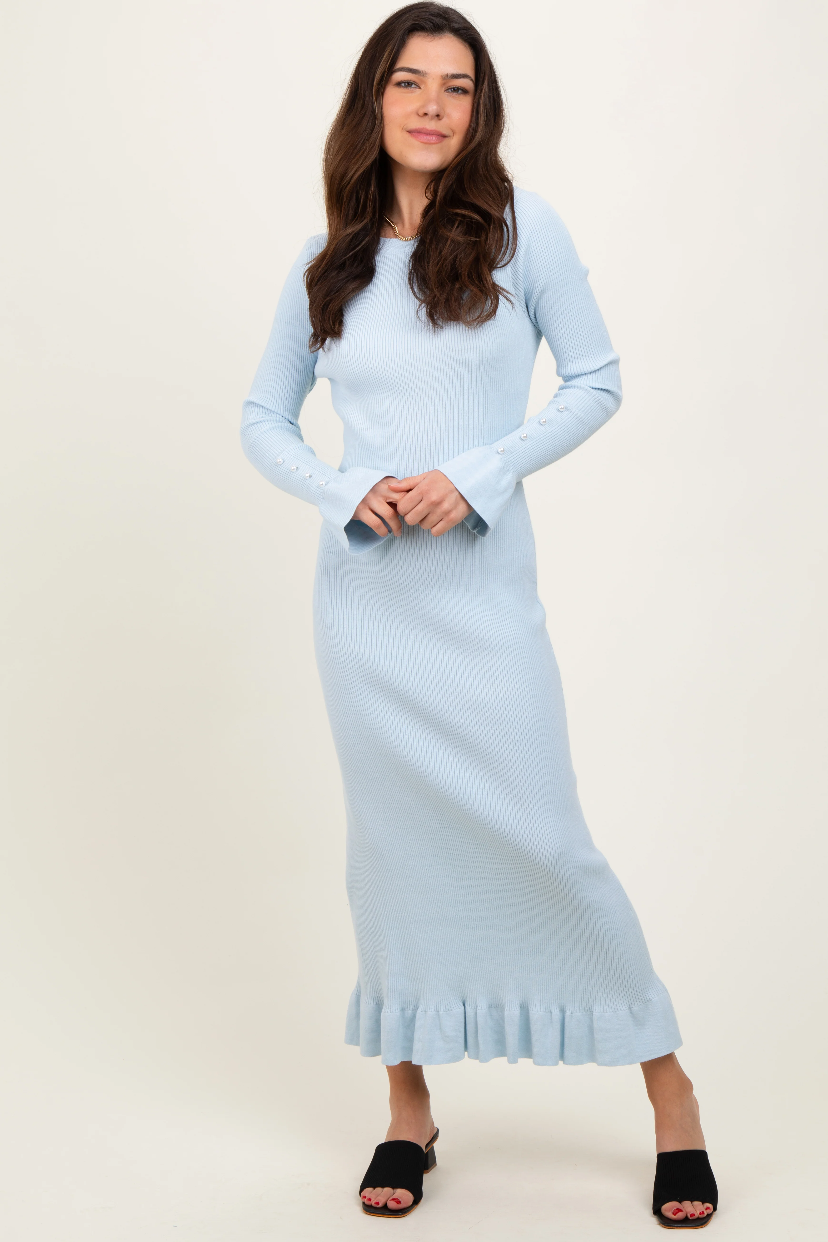 Light Blue Ribbed Knit Bow Back Maternity Maxi Dress - Image 5