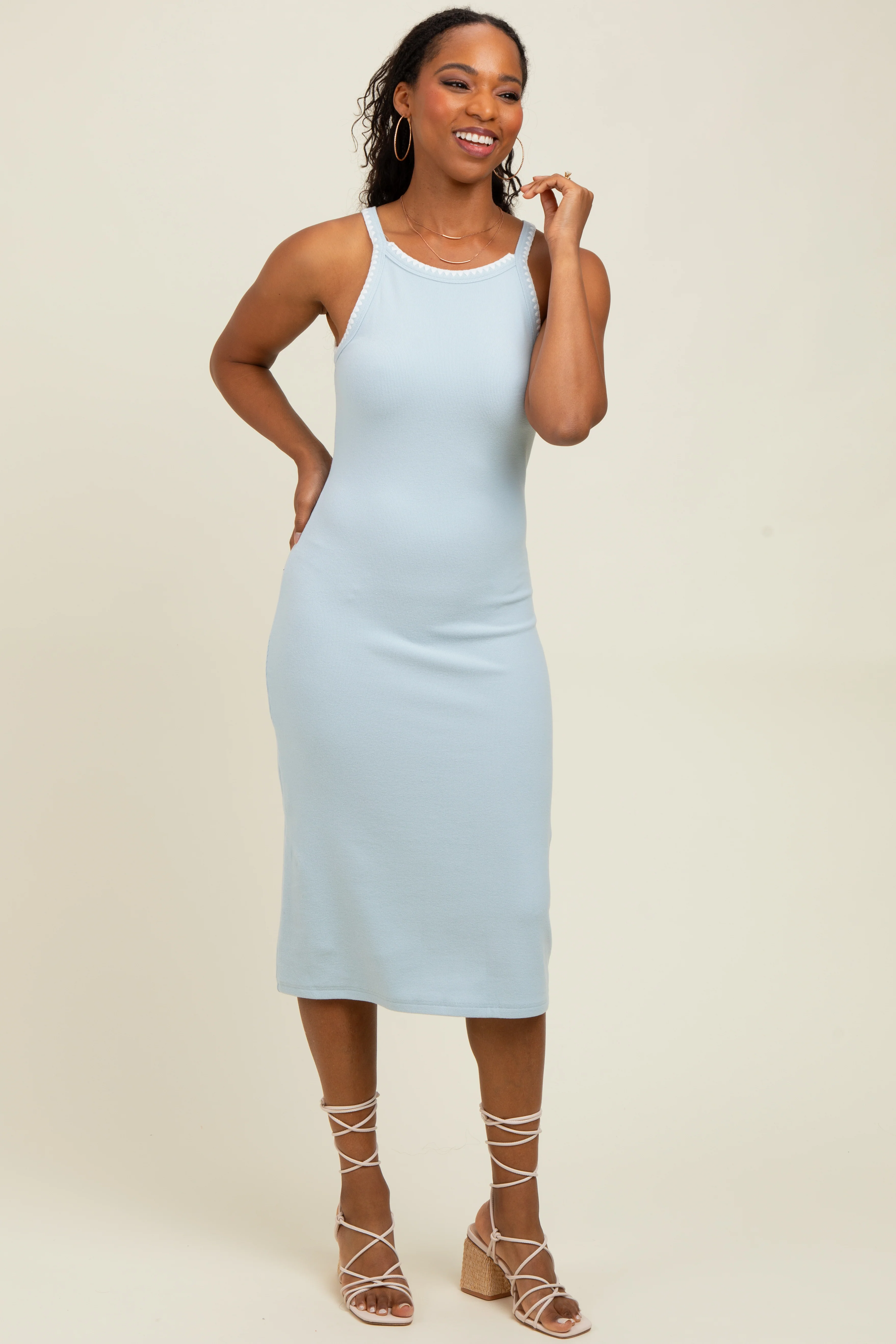 Light Blue Ribbed Knit Embroidered Midi Dress - Image 2