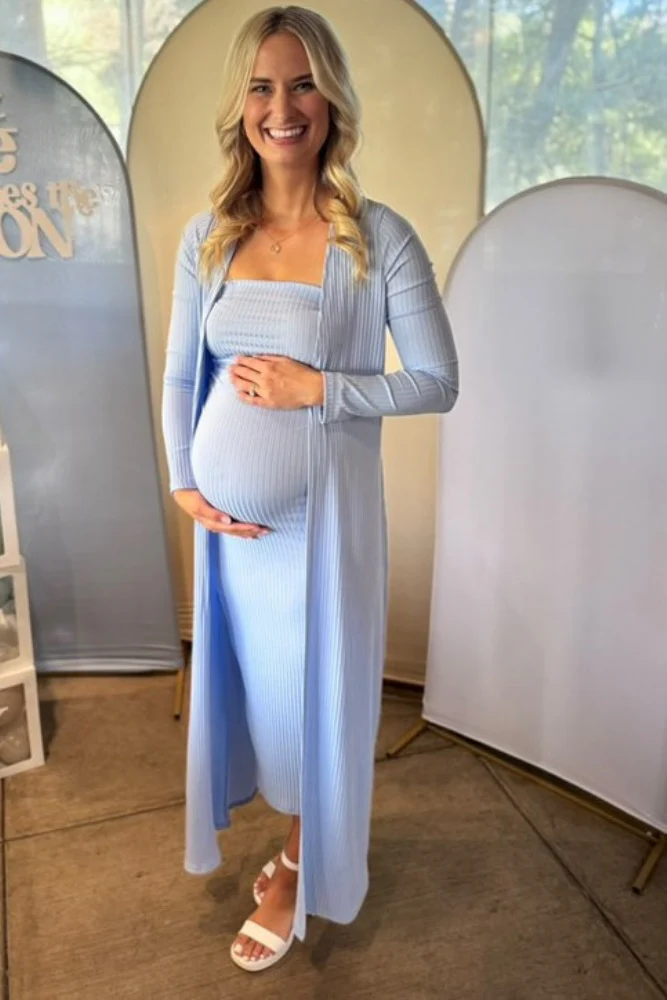 Light Blue Ribbed Sleeveless Dress Cardigan Maternity Set - Image 11