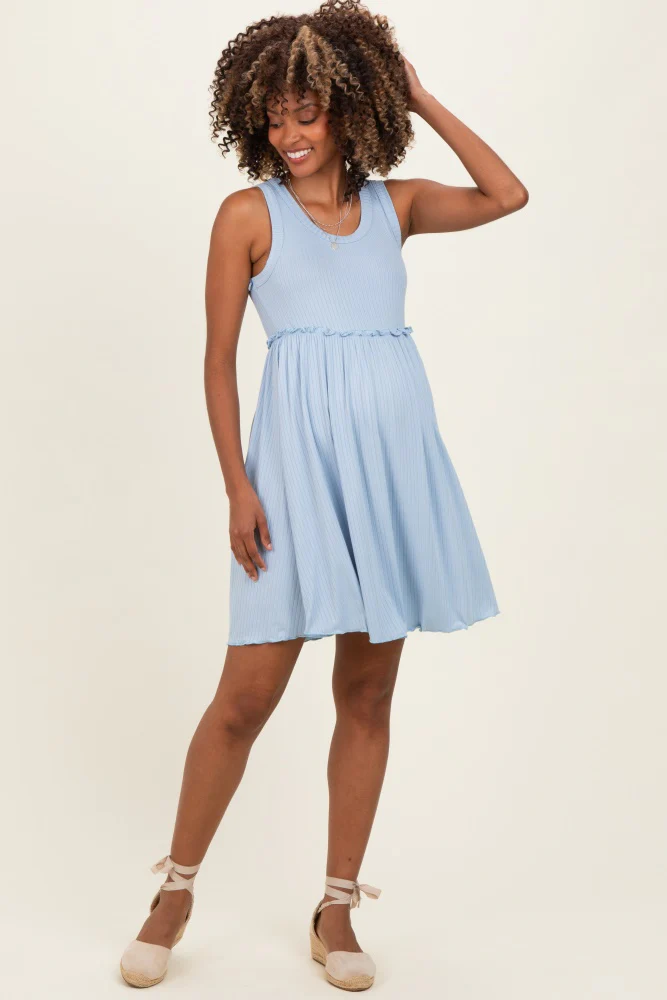 Light Blue Ribbed Sleeveless Lettuce Trim Maternity Mini Dress - Image 2