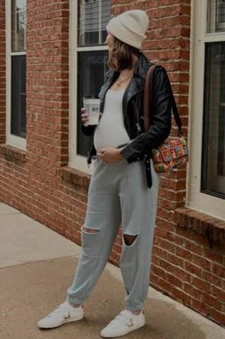 Light Blue Ripped Knee Maternity Sweatpants - Image 6