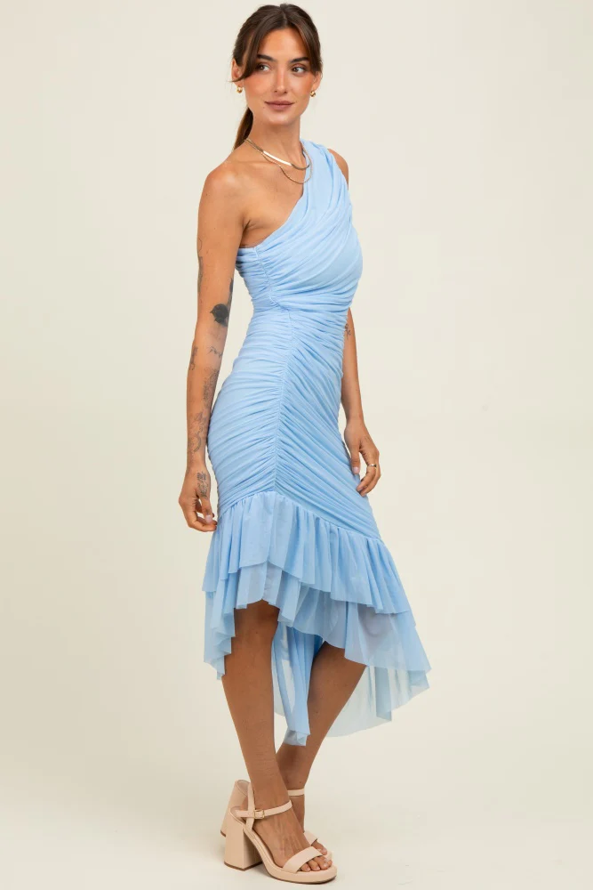 Light Blue Ruched Mesh One Shoulder Asymmetric Dress - Image 3