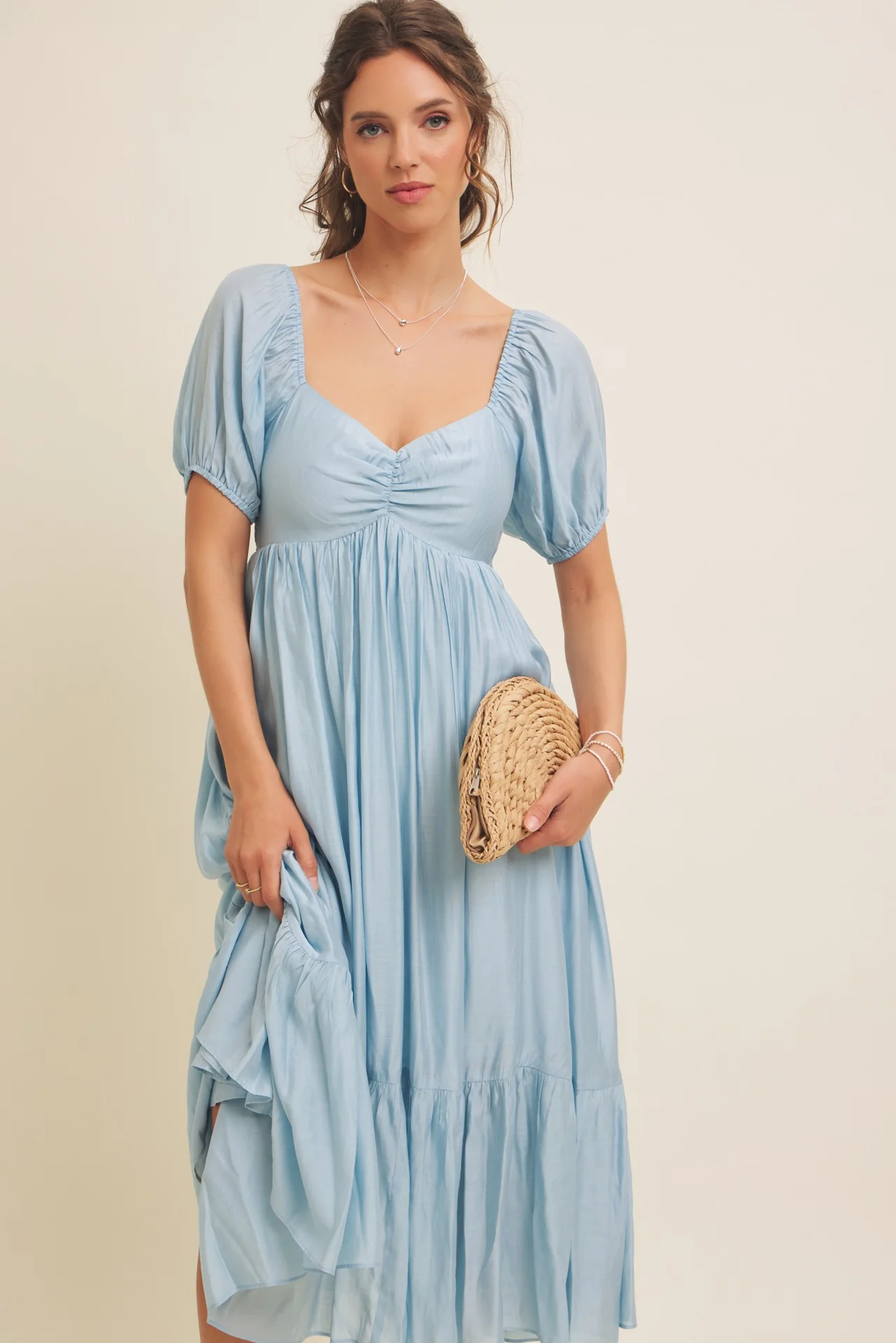 Light Blue Ruched Sweetheart Neck Tiered Midi Dress - Image 6