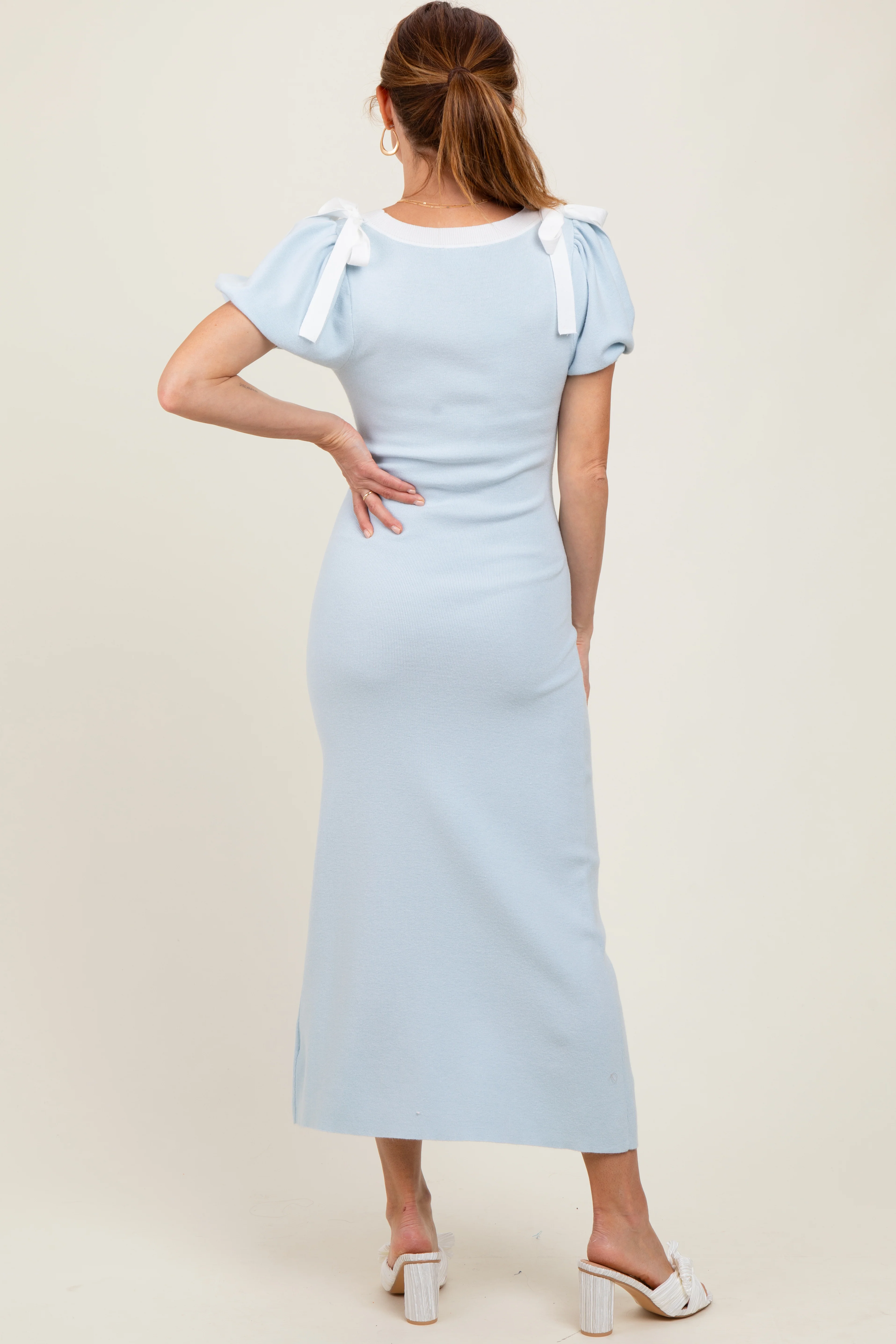 Light Blue Shoulder Bow Puff Sleeve Sweater Dress - Image 4