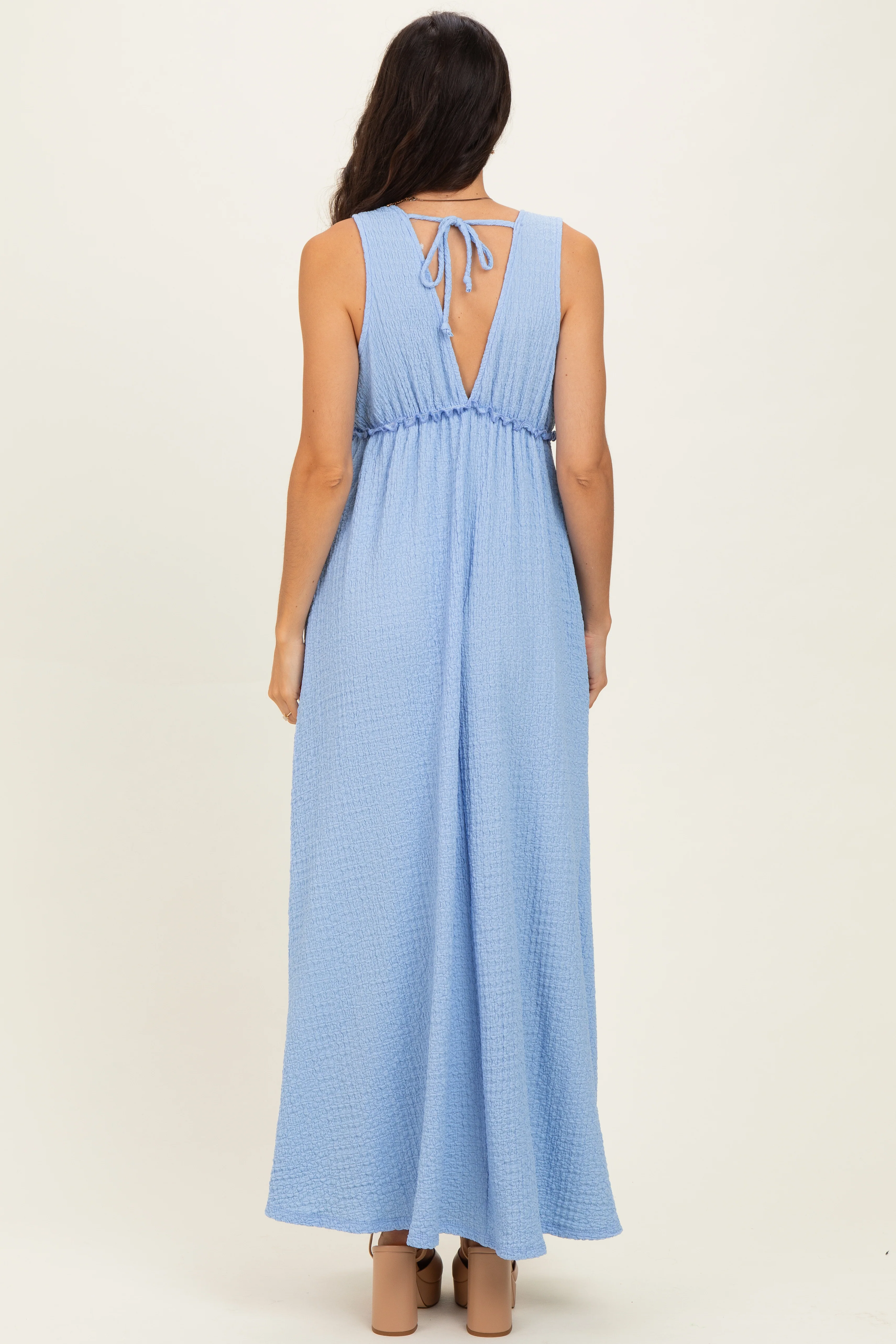 Light Blue Sleeveless Deep V-Neck Maxi Dress - Image 3