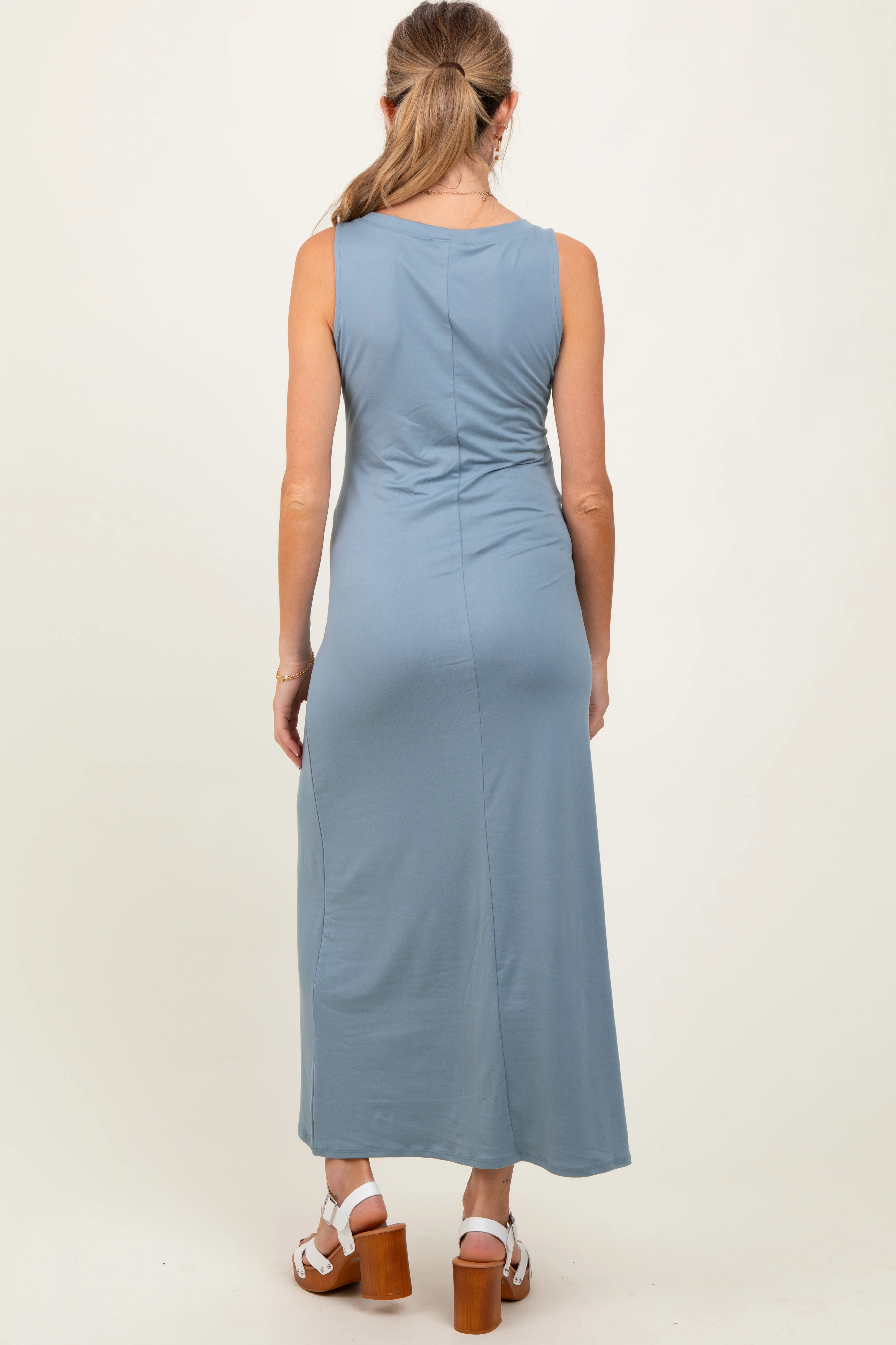 Light Blue Sleeveless Flared Scoop Neck Maternity Maxi Dress - Image 3
