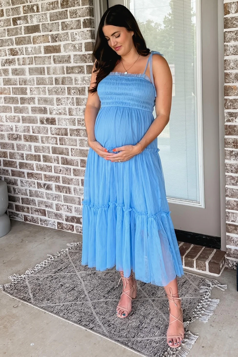 Light Blue Smocked Mesh Maternity Midi Dress - Image 5