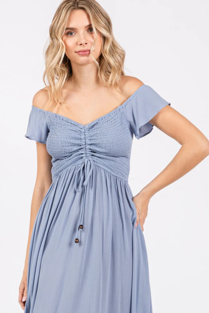 Light Blue Smocked Ruched Ruffle Hem Maxi Dress - Image 5