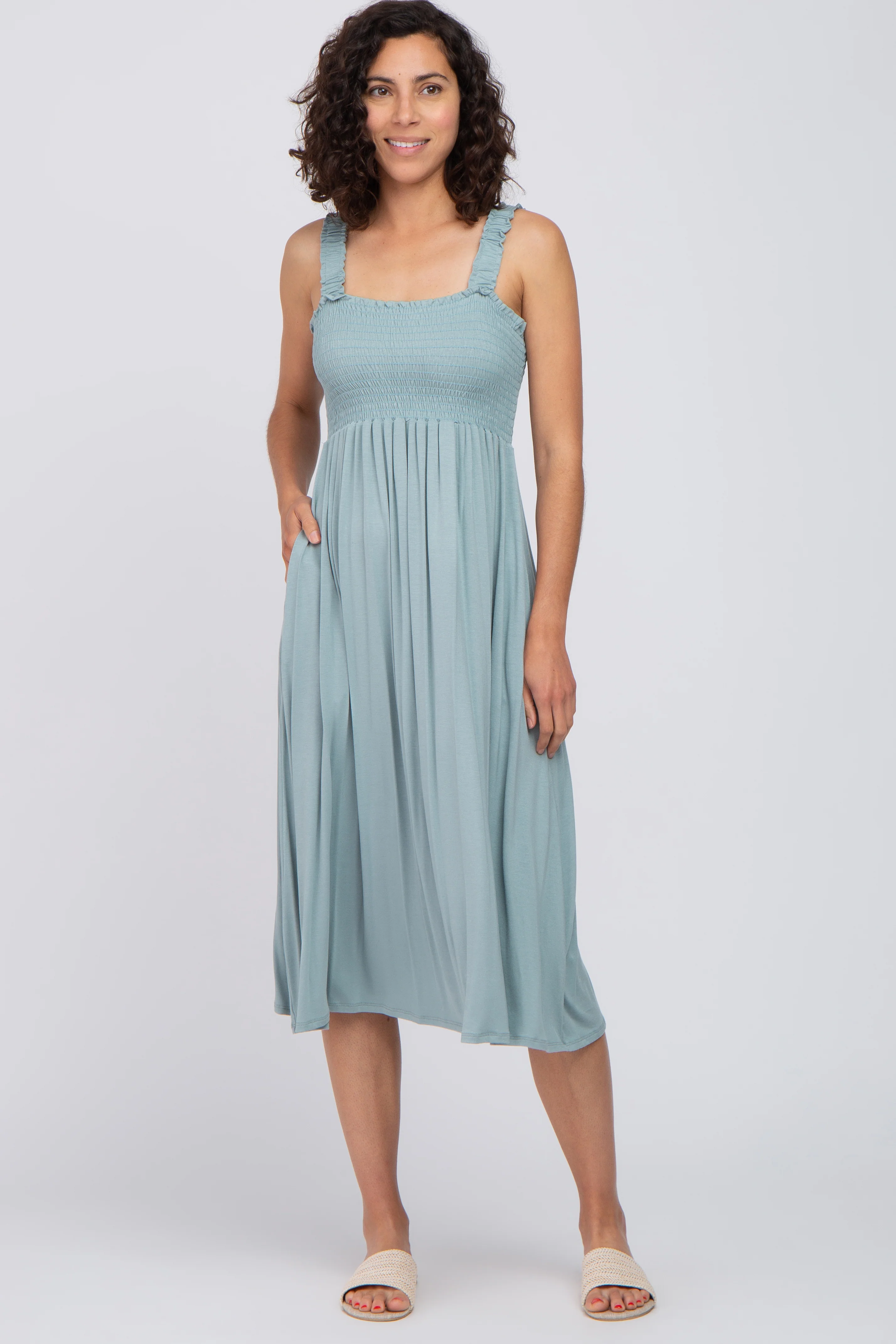 Light Blue Smocked Ruffle Strap Maternity Midi Dress - Image 4