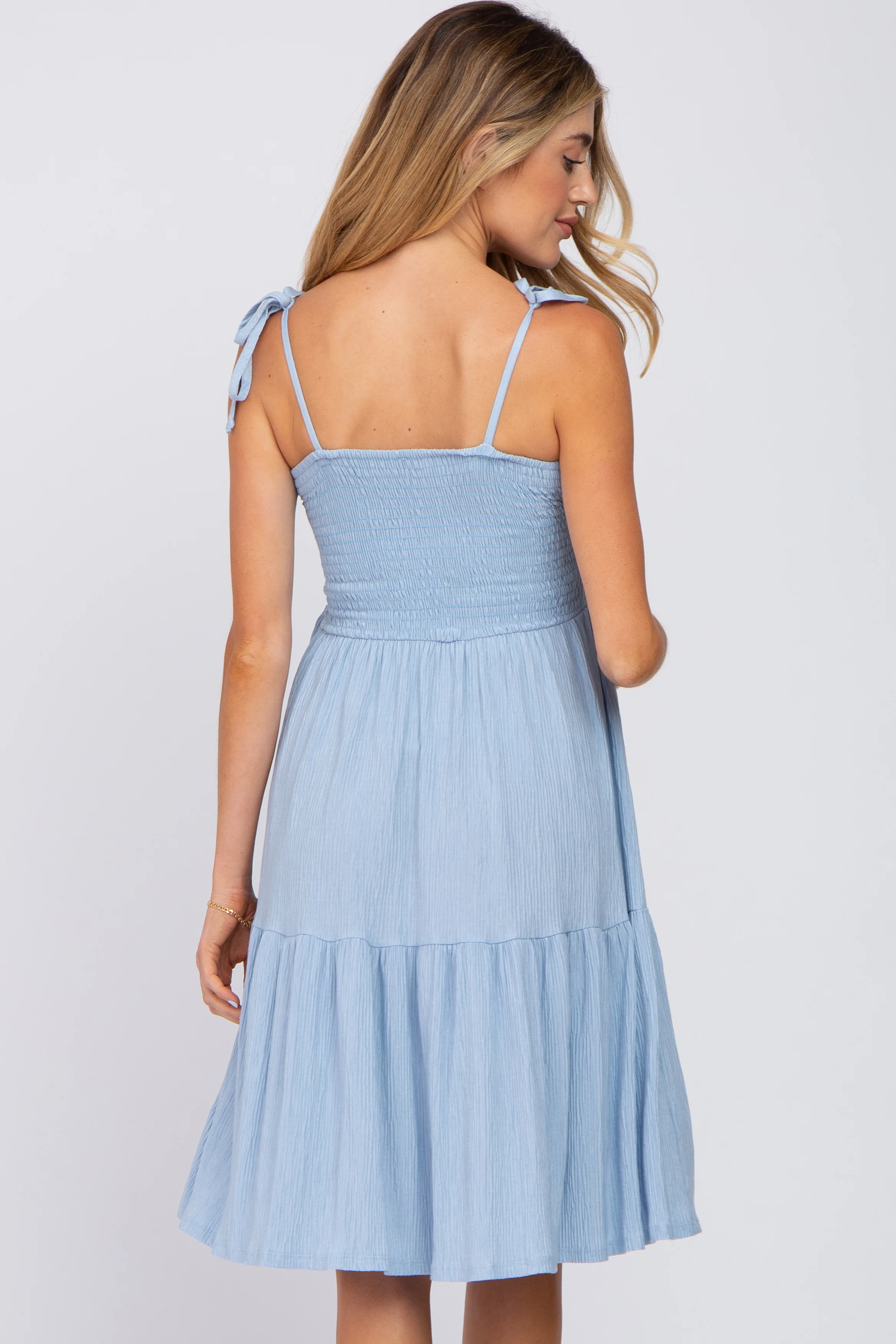 Light Blue Smocked Shoulder Tie Maternity Dress - Image 4
