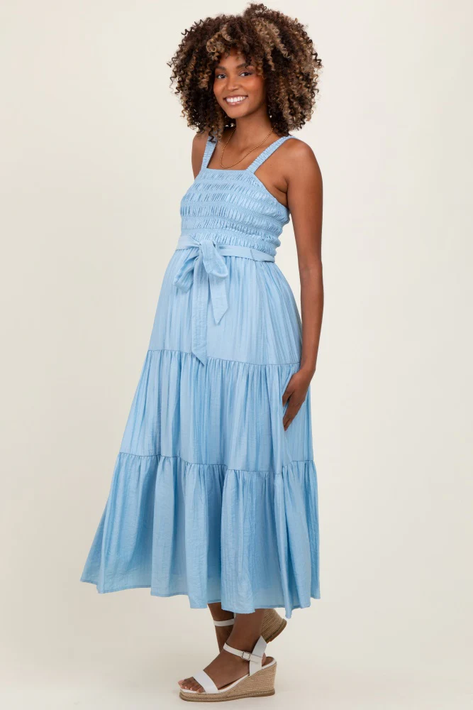 Light Blue Smocked Tiered Maternity Midi Dress - Image 2
