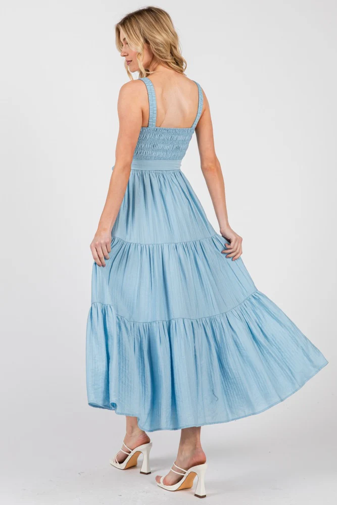 Light Blue Smocked Tiered Midi Dress - Image 4