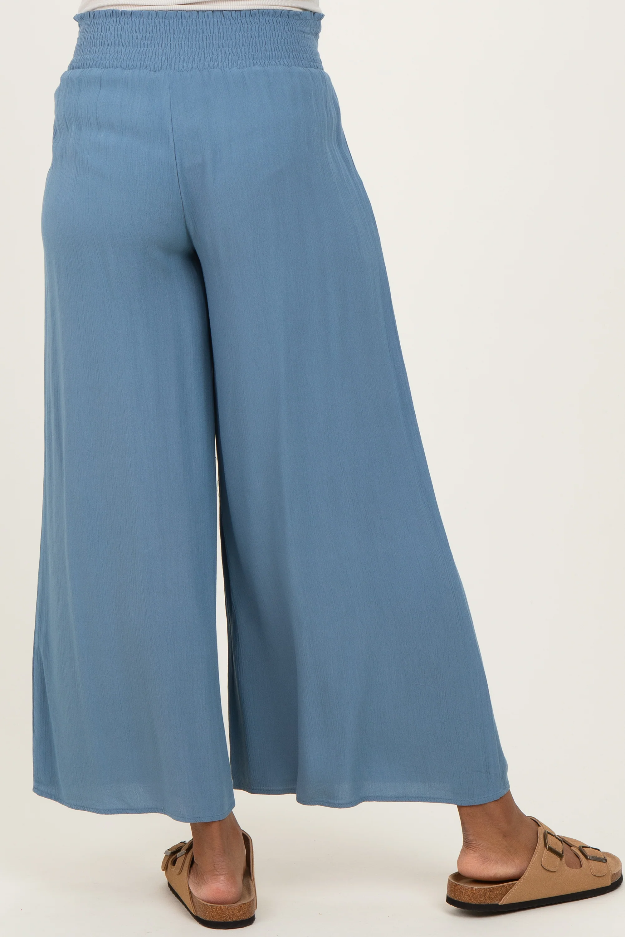 Light Blue Smocked Waist Ankle Wide Leg Maternity Pants - Image 5
