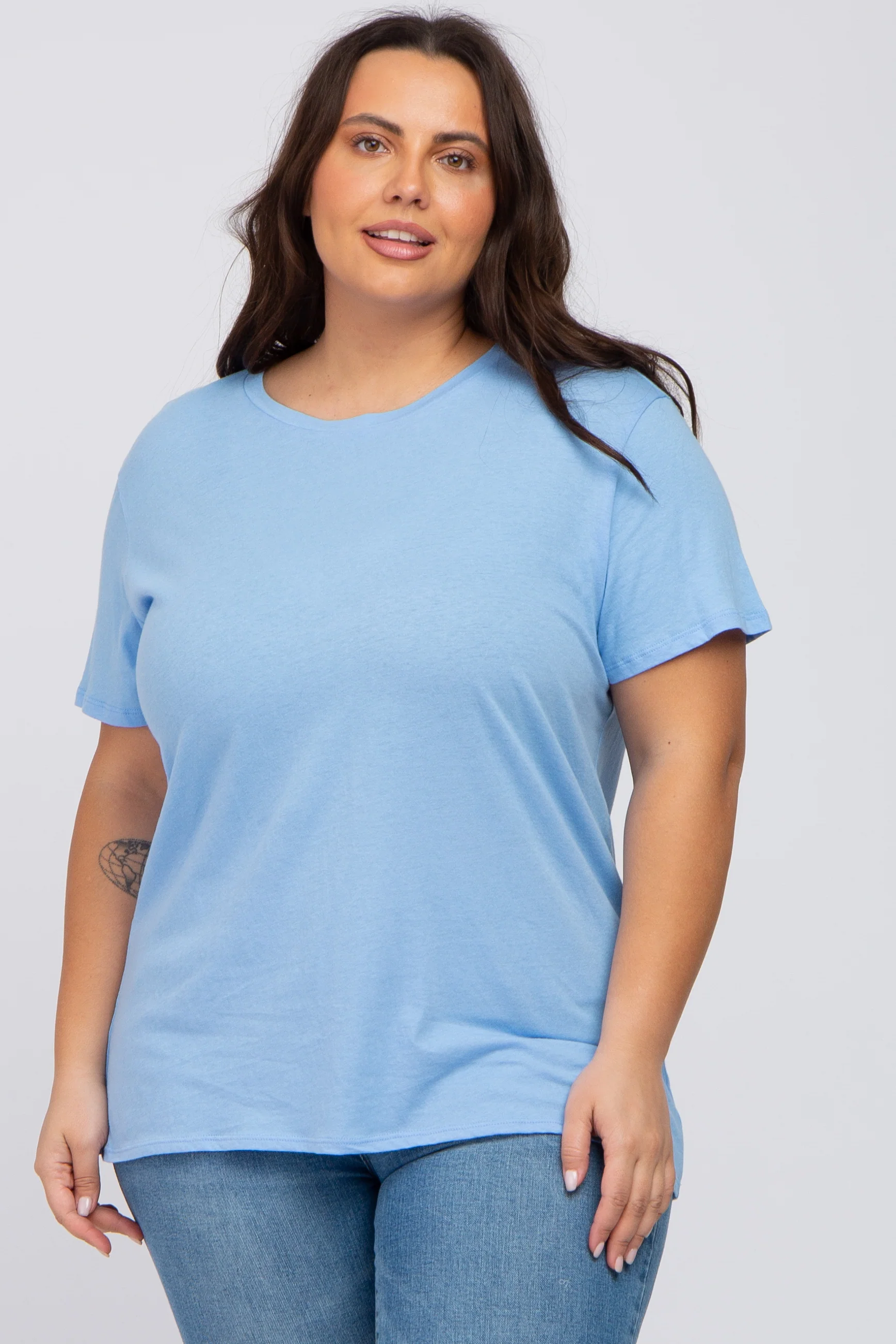 Light Blue Solid Short Sleeve Plus Maternity Top - Image 5
