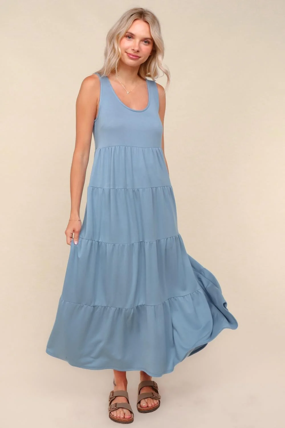 Light Blue Solid Tiered French Terry Maternity Maxi Dress - Image 4