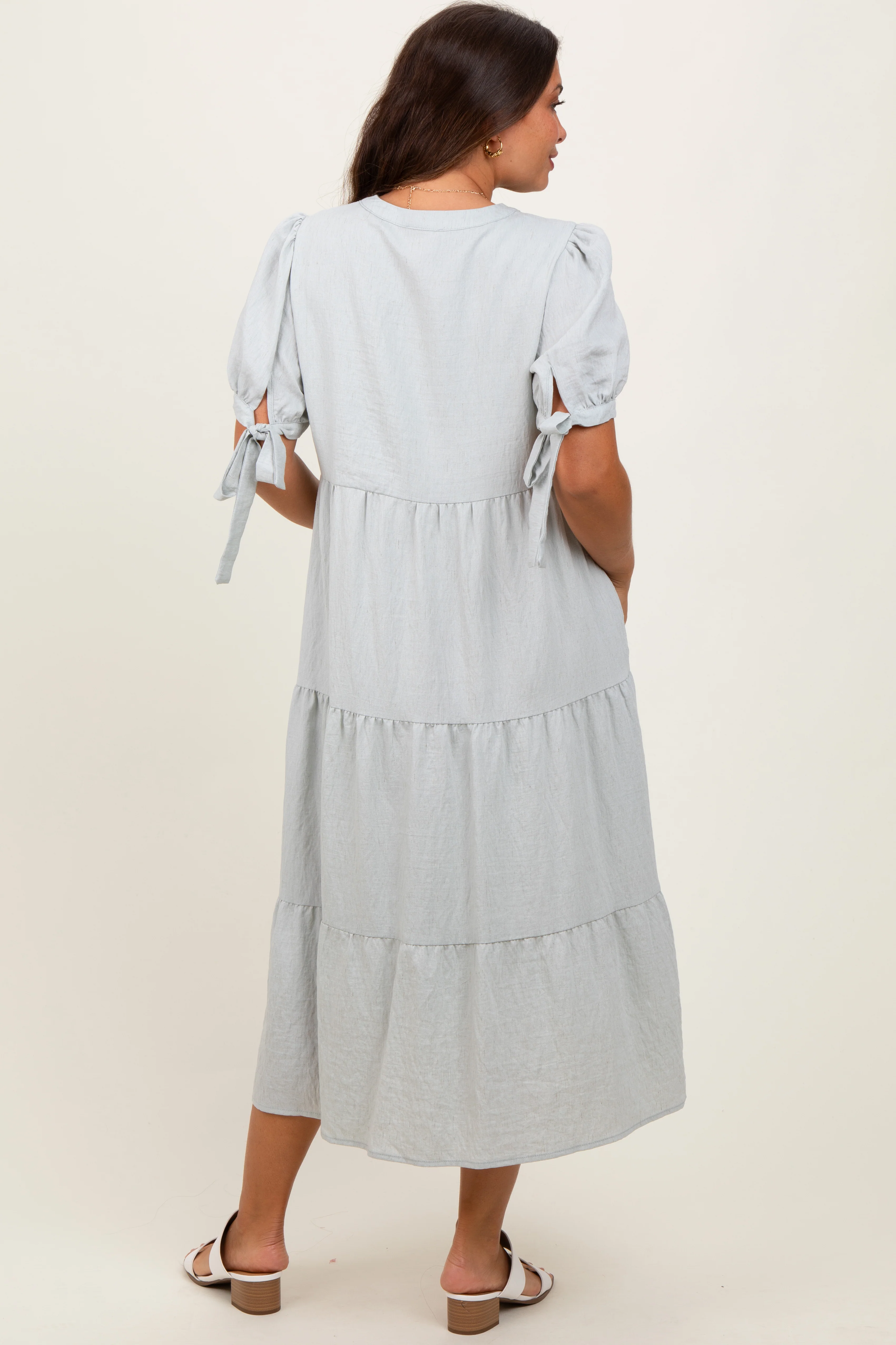 Light Blue Split V-Neck Sleeve Tie Tiered Maternity Midi Dress - Image 3