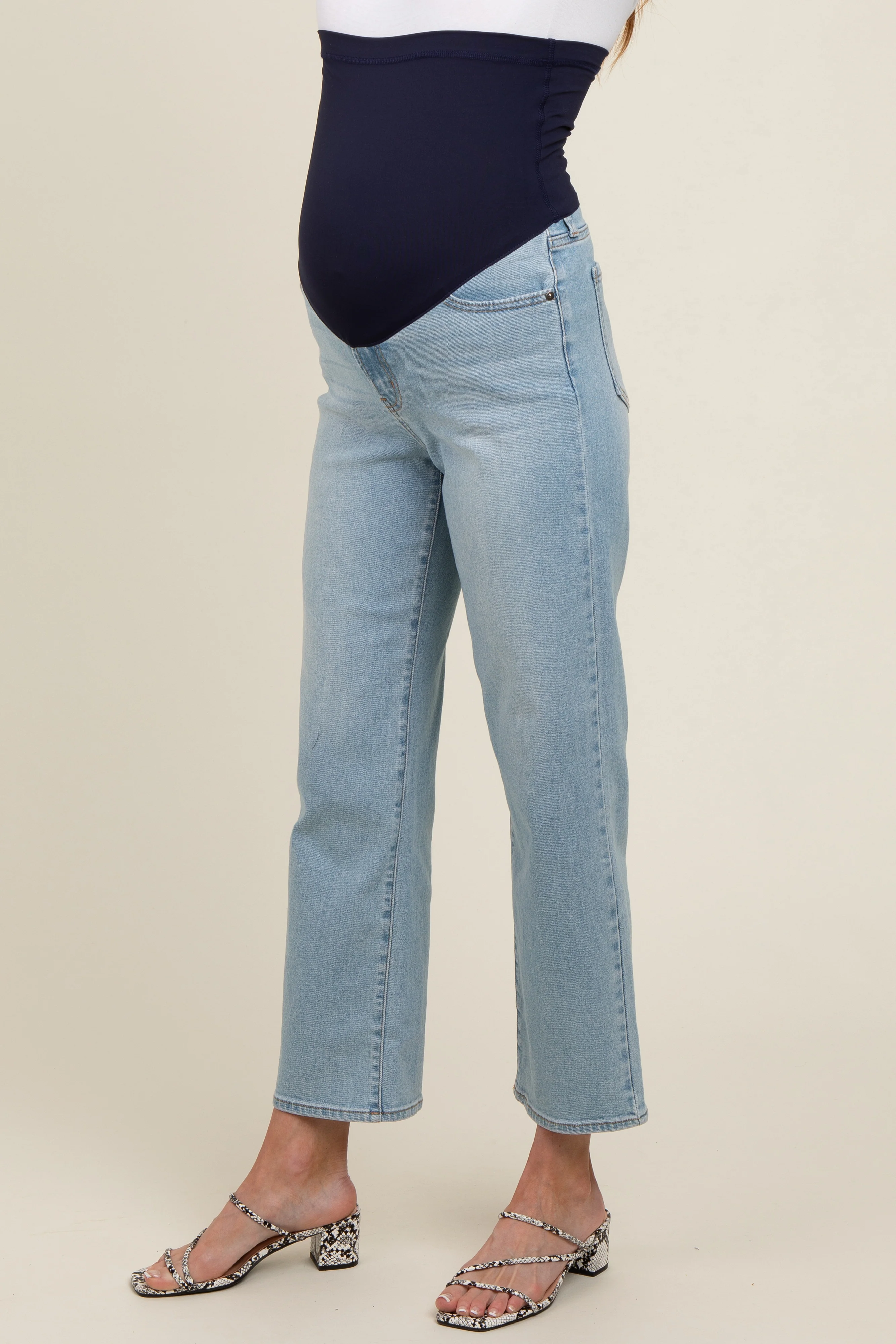 Light Blue Straight Crop Maternity Jeans - Image 3