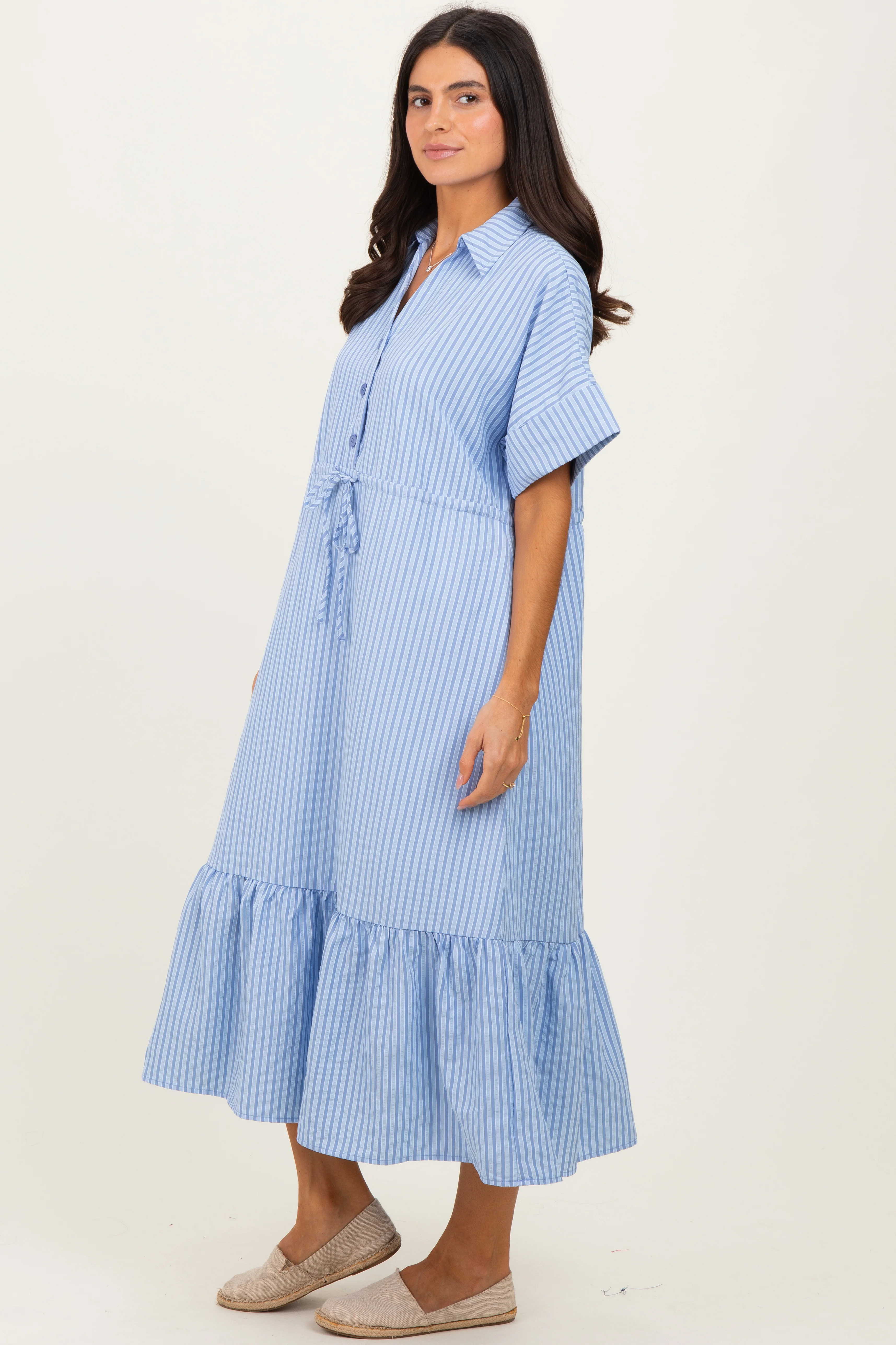 Light Blue Striped Button Collared Midi Dress - Image 3