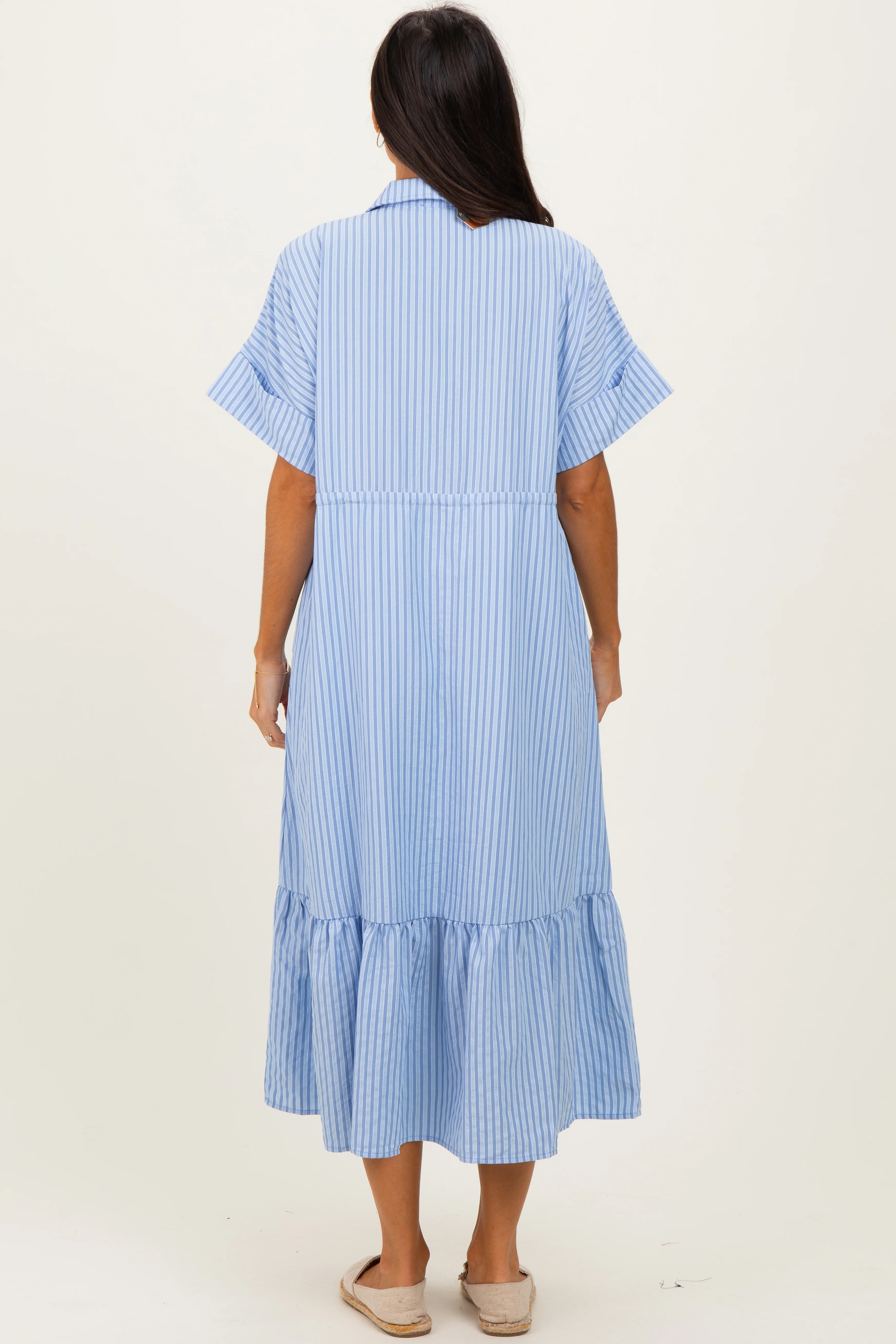 Light Blue Striped Button Collared Midi Dress - Image 4