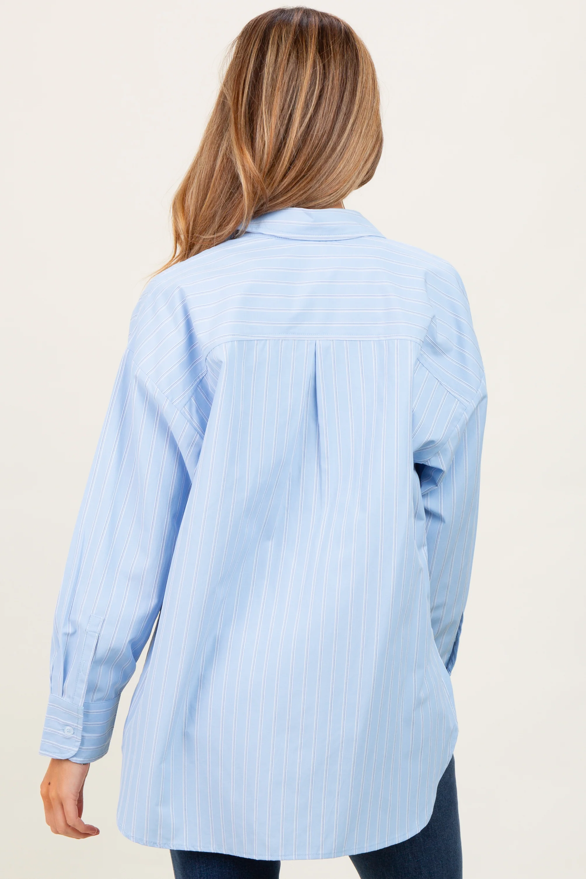 Light Blue Striped Button Down Oversized Maternity Shirt - Image 4