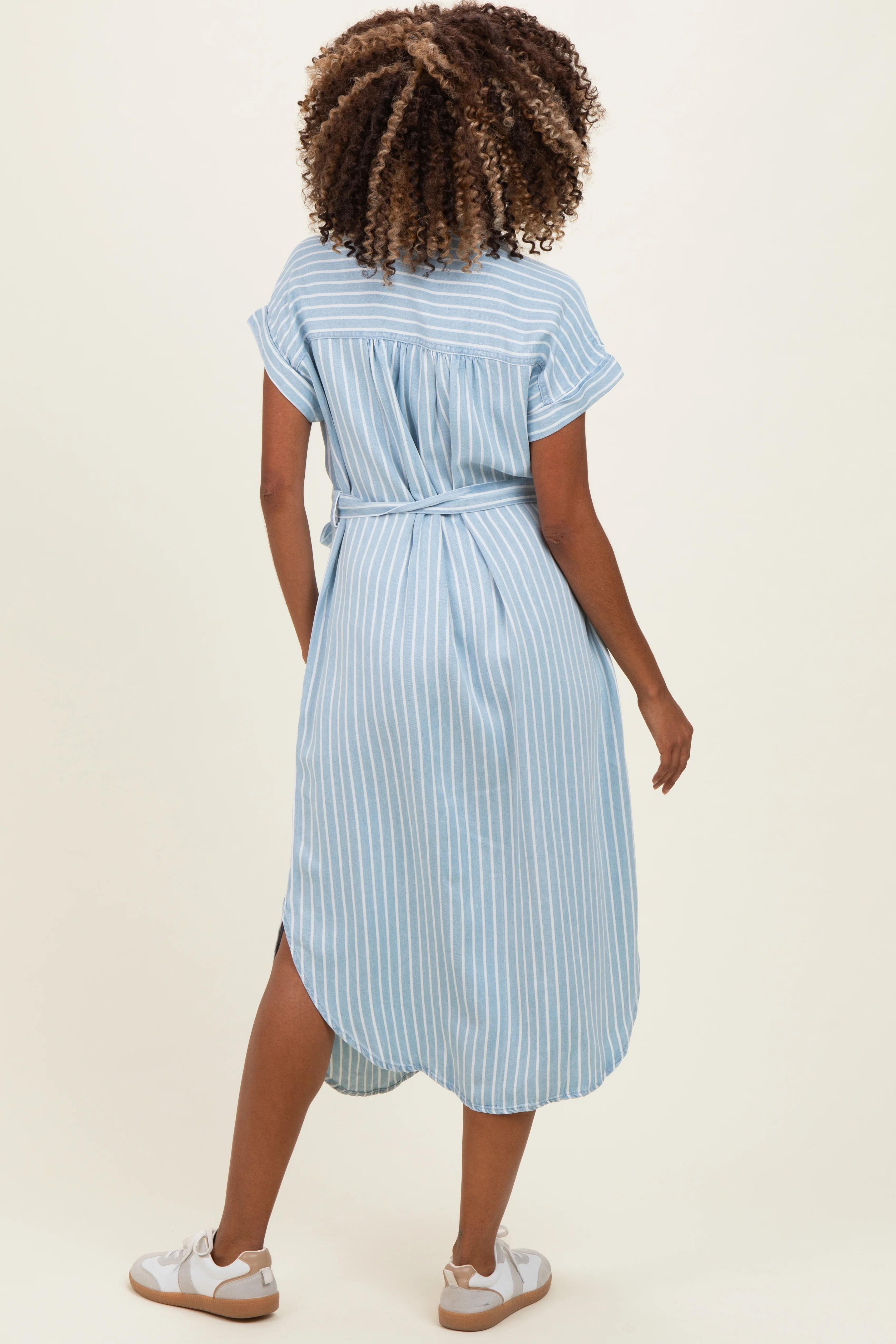 Light Blue Striped Chambray Maternity Midi Shirt Dress - Image 3