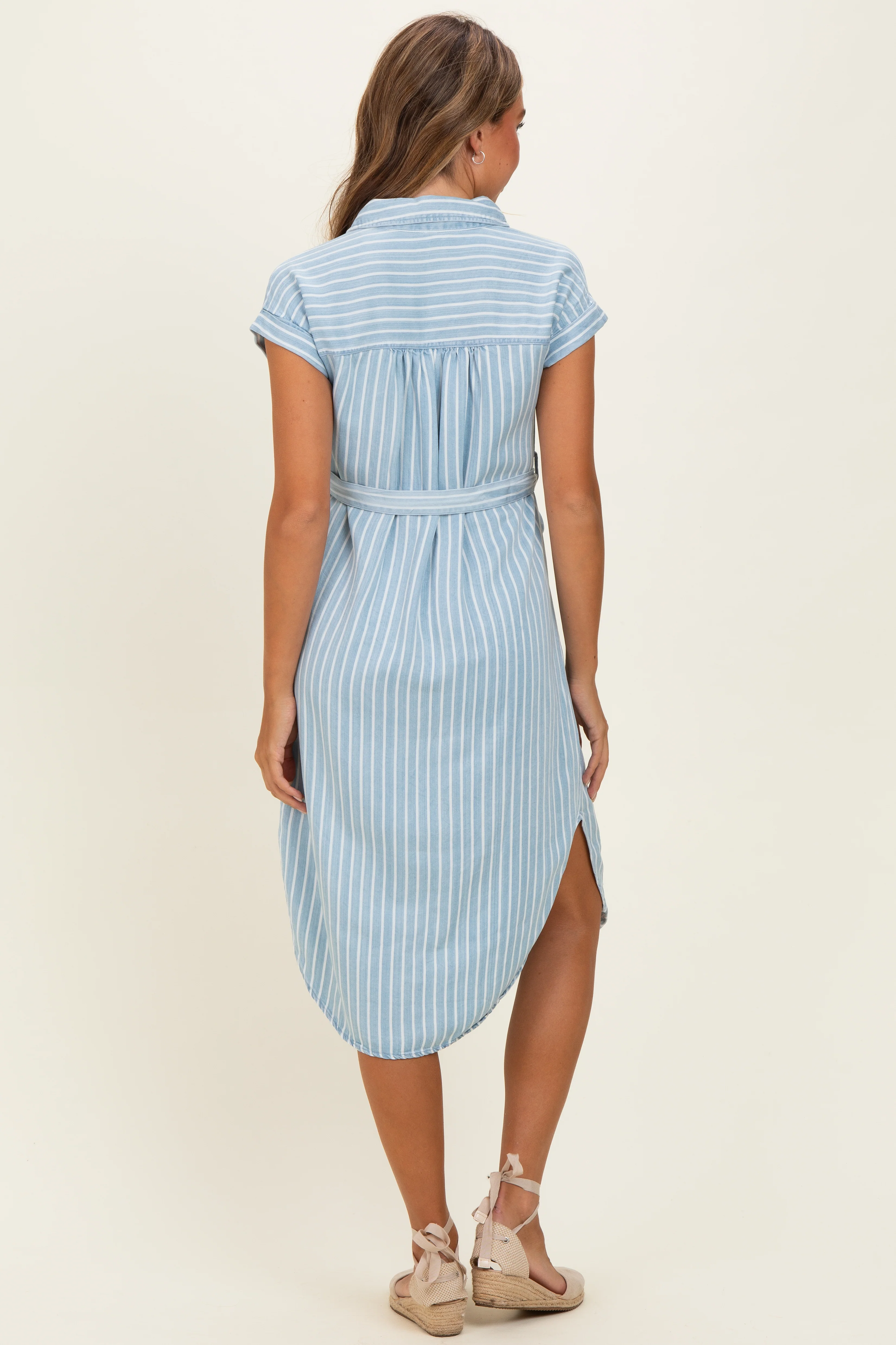 Light Blue Striped Chambray Midi Shirt Dress - Image 3