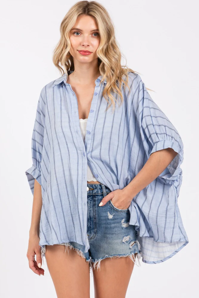 Light Blue Striped Collared Oversized Maternity Top - Image 6