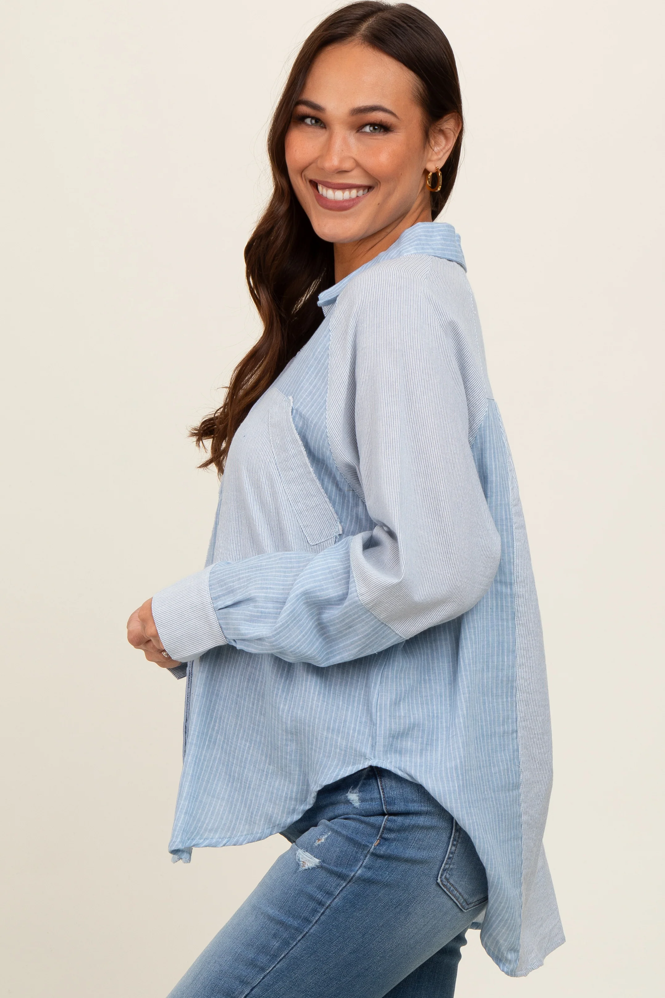 Light Blue Striped Colorblock Button Up Maternity Top - Image 3