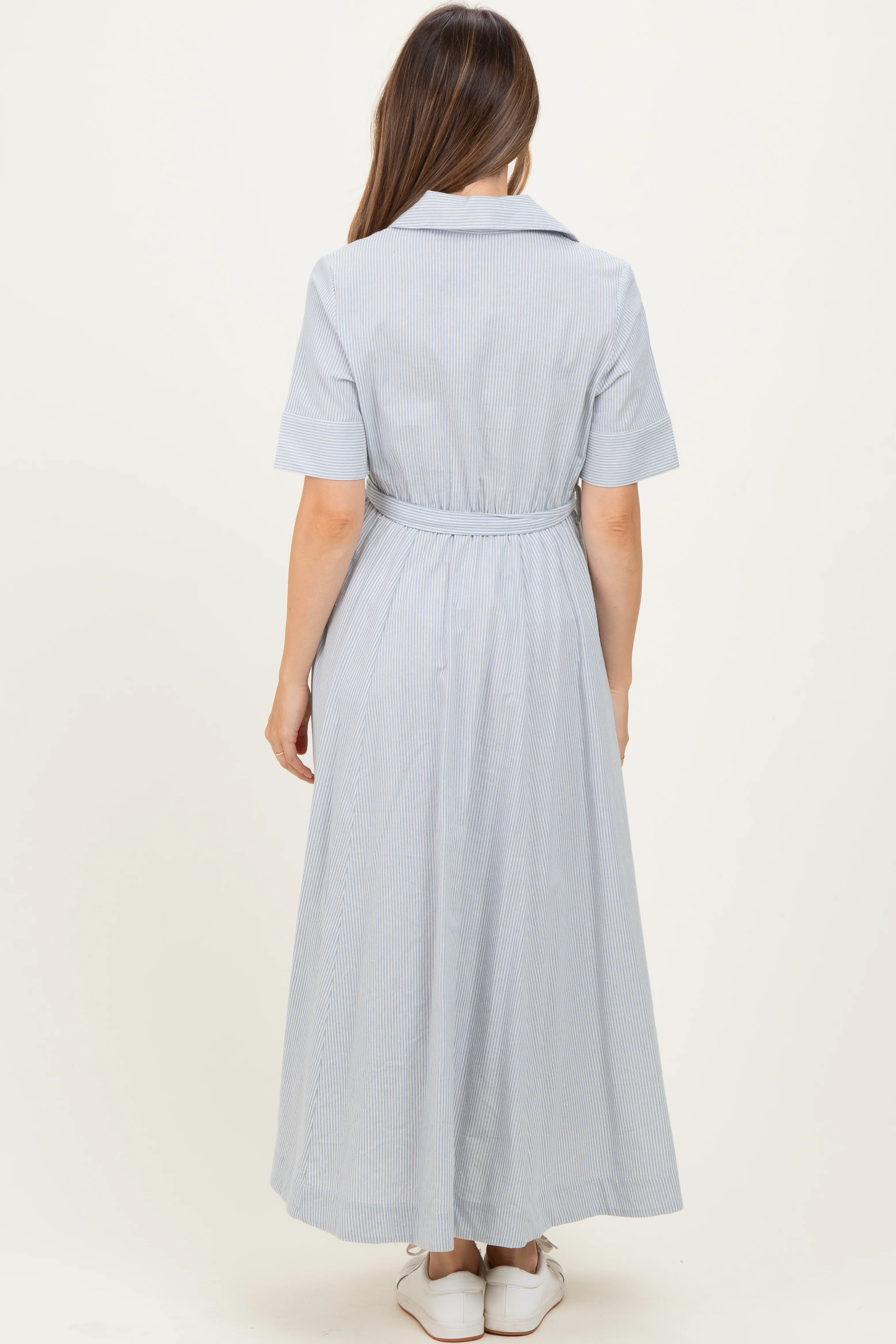 Light Blue Striped Cotton Button Down Maternity Maxi Dress - Image 4