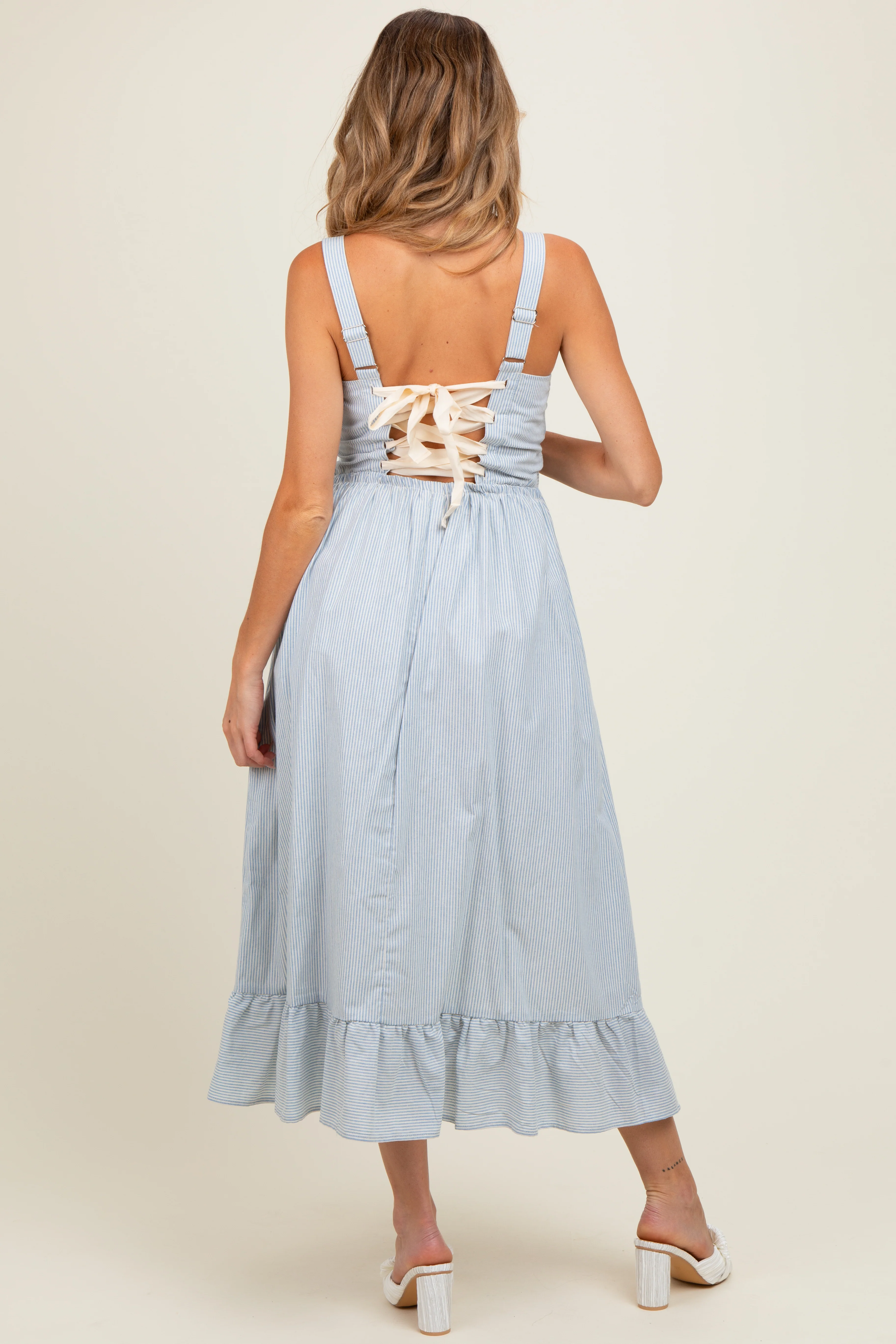 Light Blue Striped Cotton Sleeveless Maternity Dress - Image 3