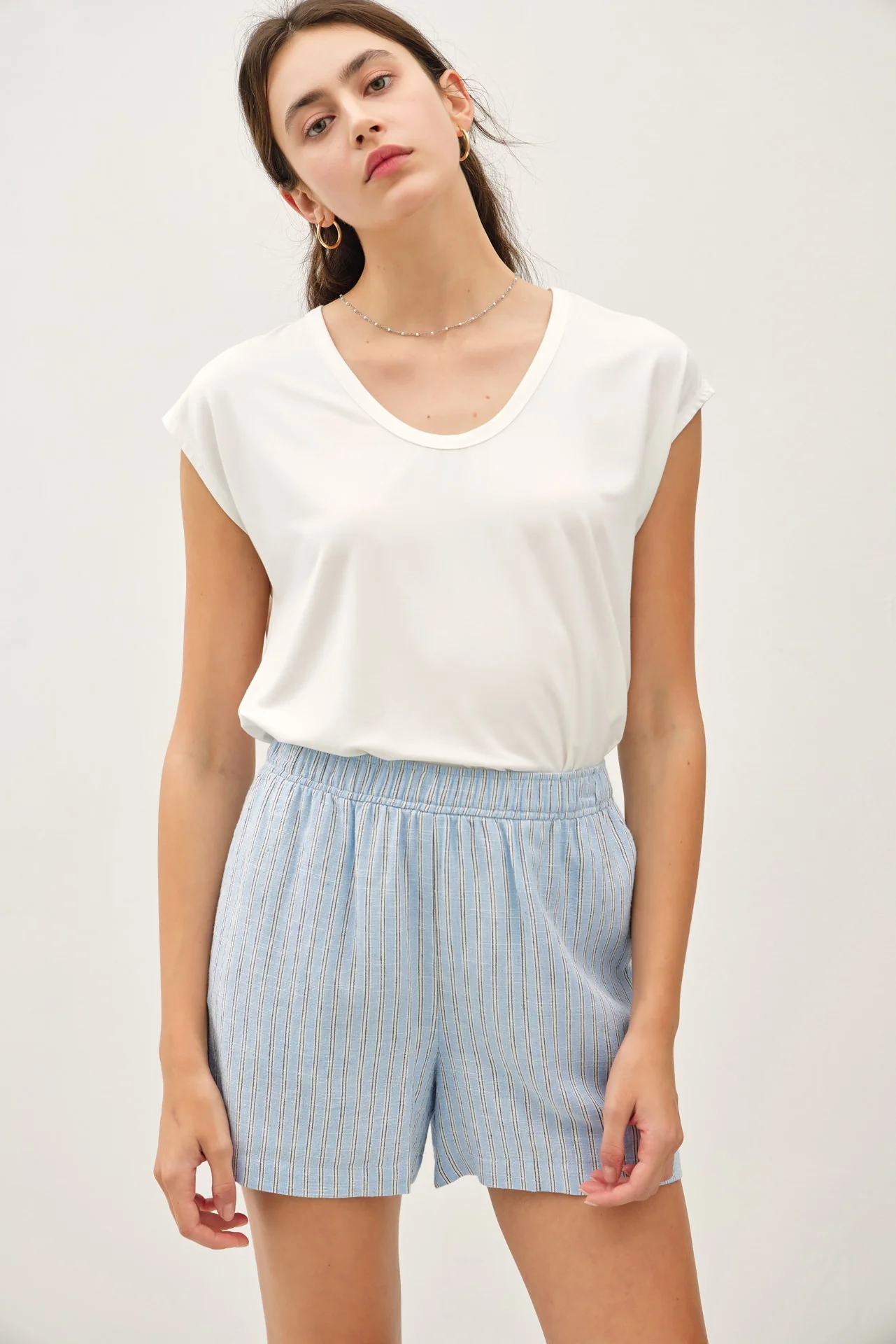 Light Blue Striped Linen Blend Maternity Shorts - Image 6