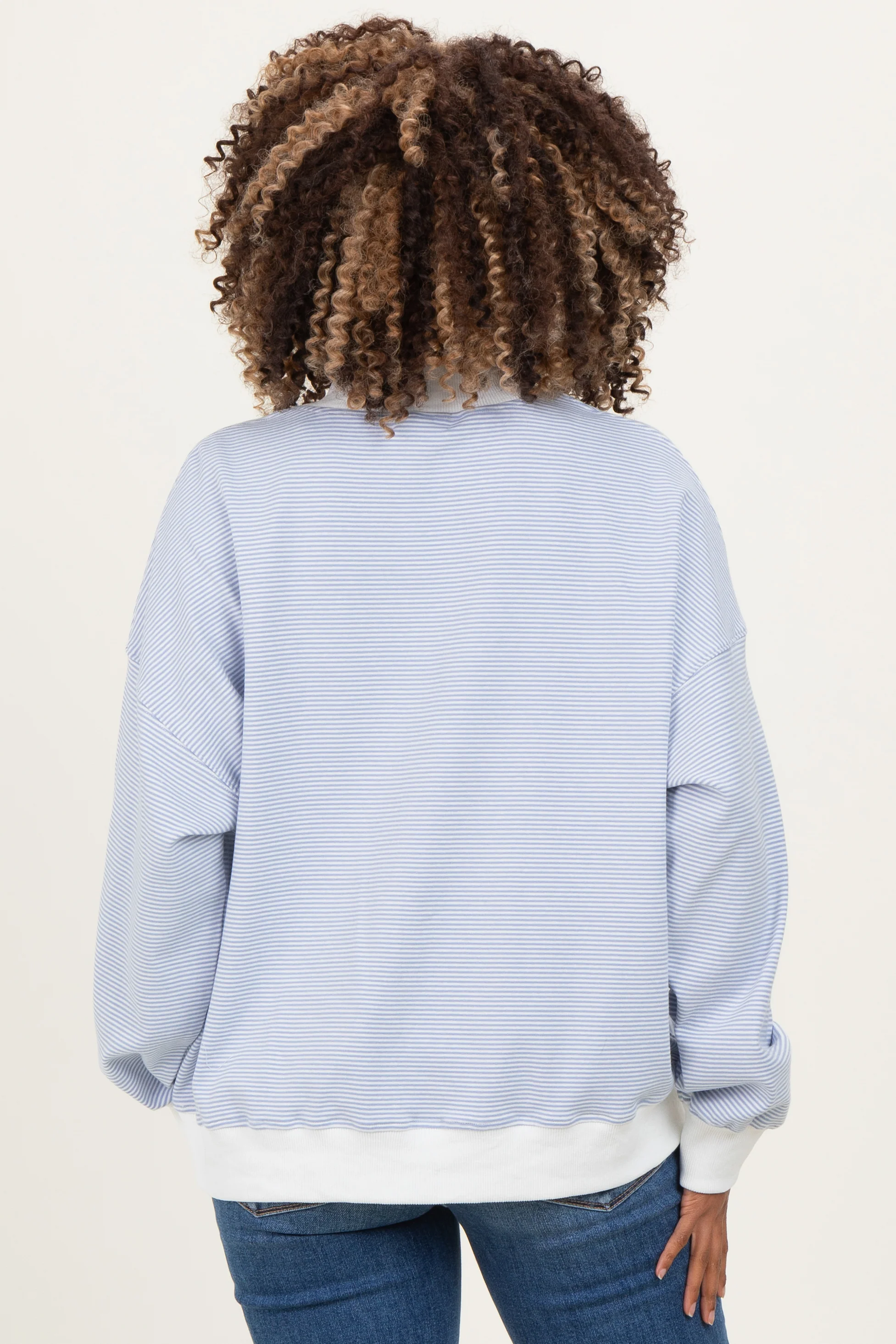 Light Blue Striped Mock Neck Maternity Sweatshirt - Image 4