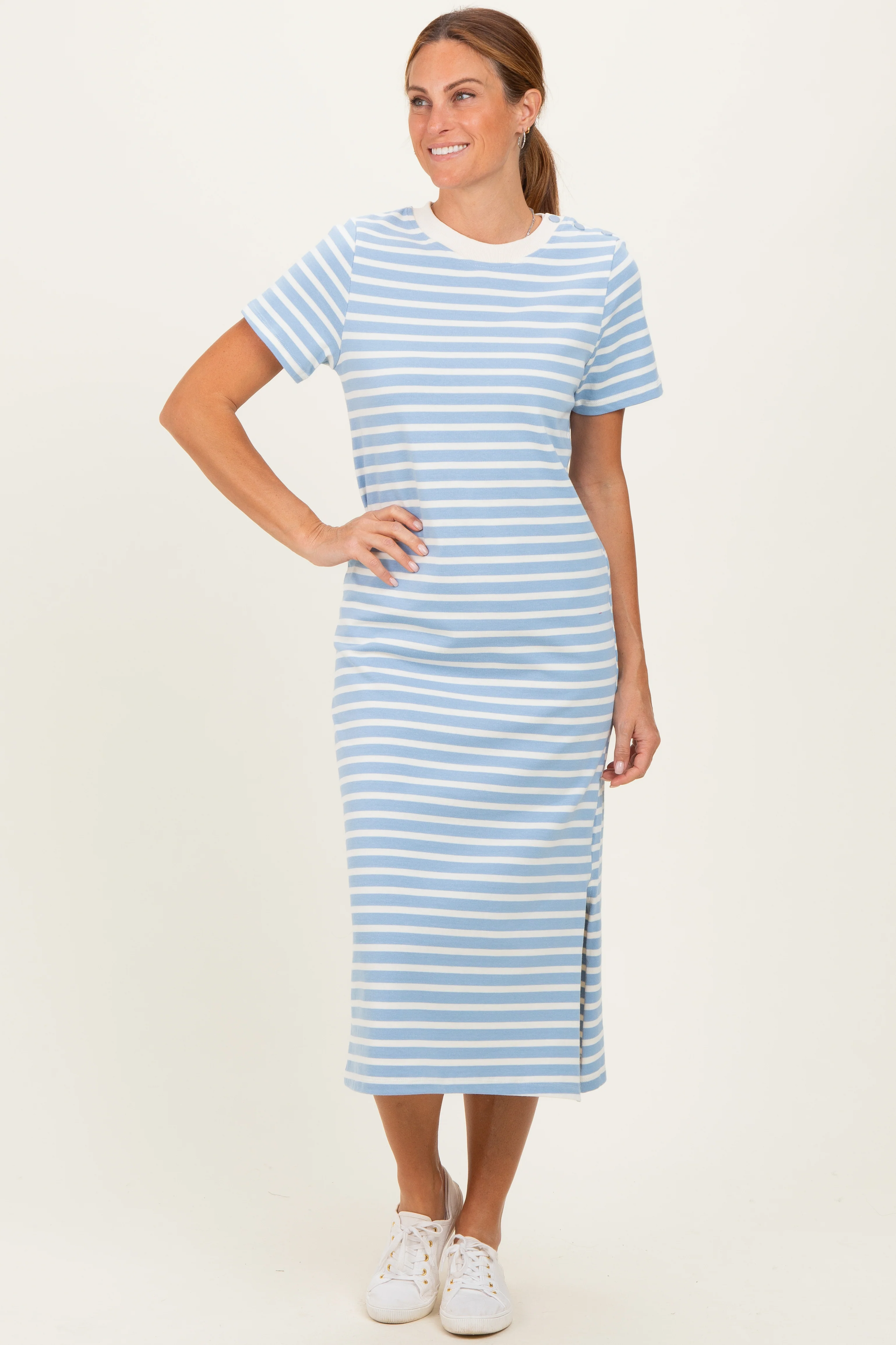 Light Blue Striped Short Sleeve Maternity Midi Dress - Image 4