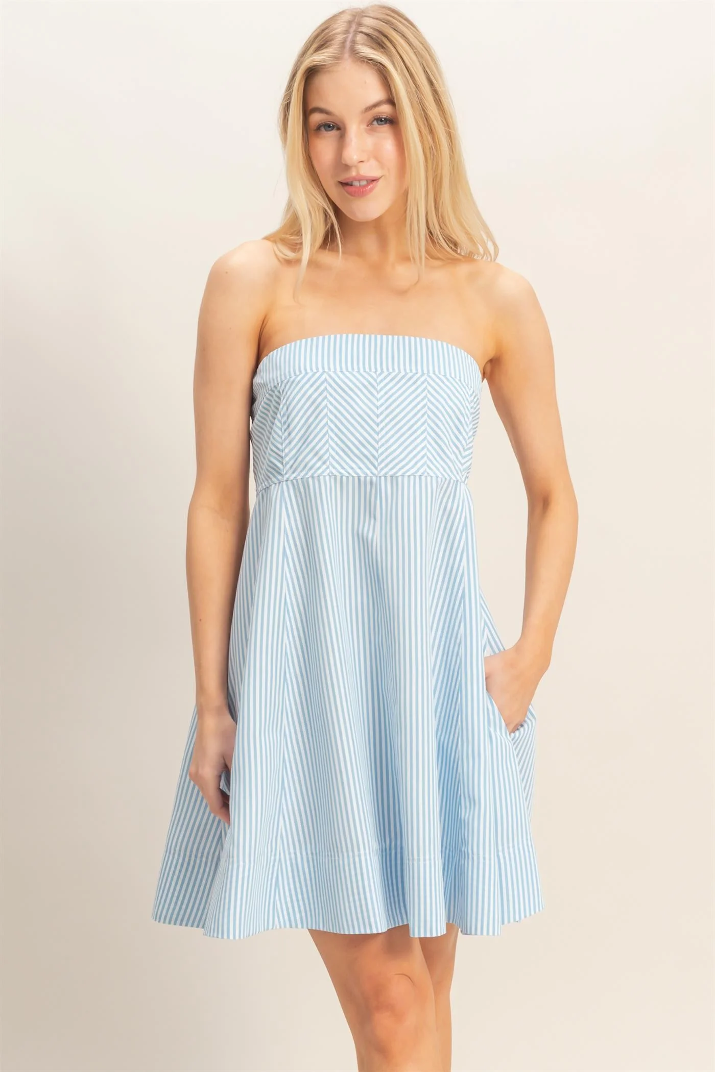 Light Blue Striped Strapless A-Line Maternity Dress - Image 5