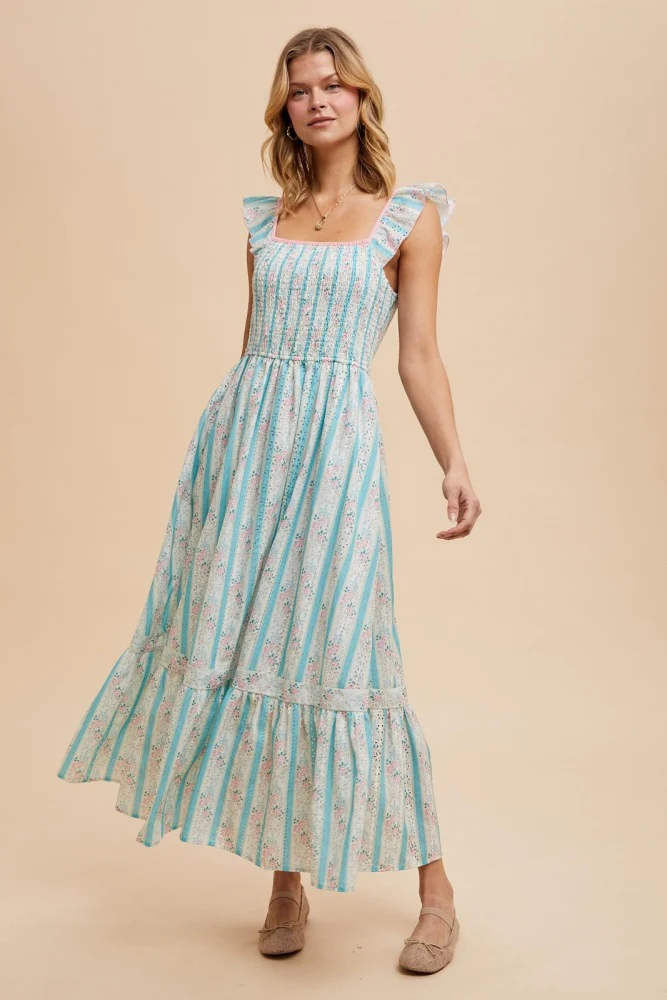Light Blue Striped Vintage Floral Smocked Maternity Maxi Dress - Image 3