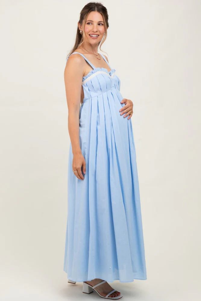 Light Blue Sweetheart Neckline Open Back Maternity Maxi Dress - Image 3