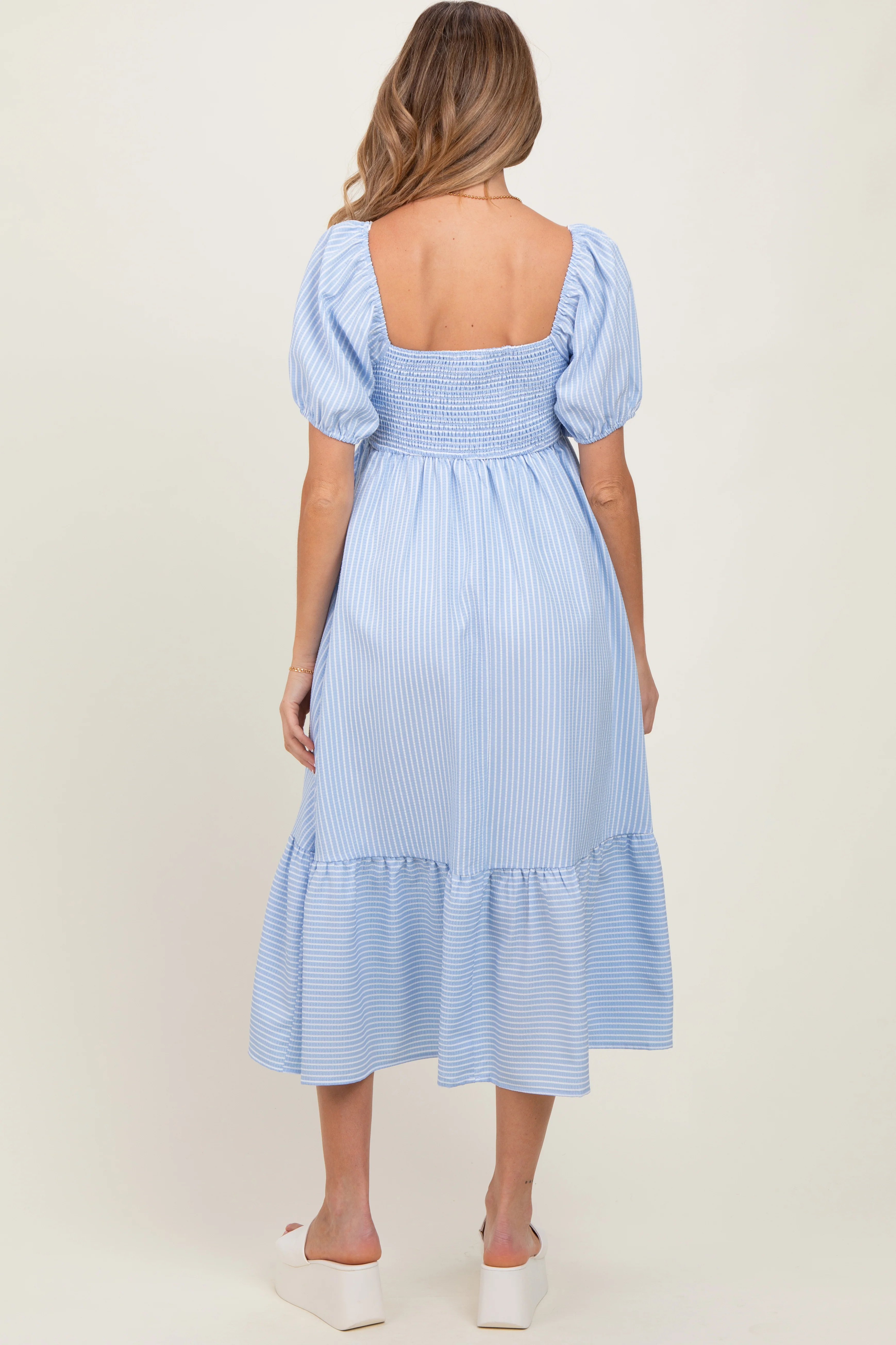 Light Blue Sweetheart Stripe Smocked Back Maternity Midi Dress - Image 4