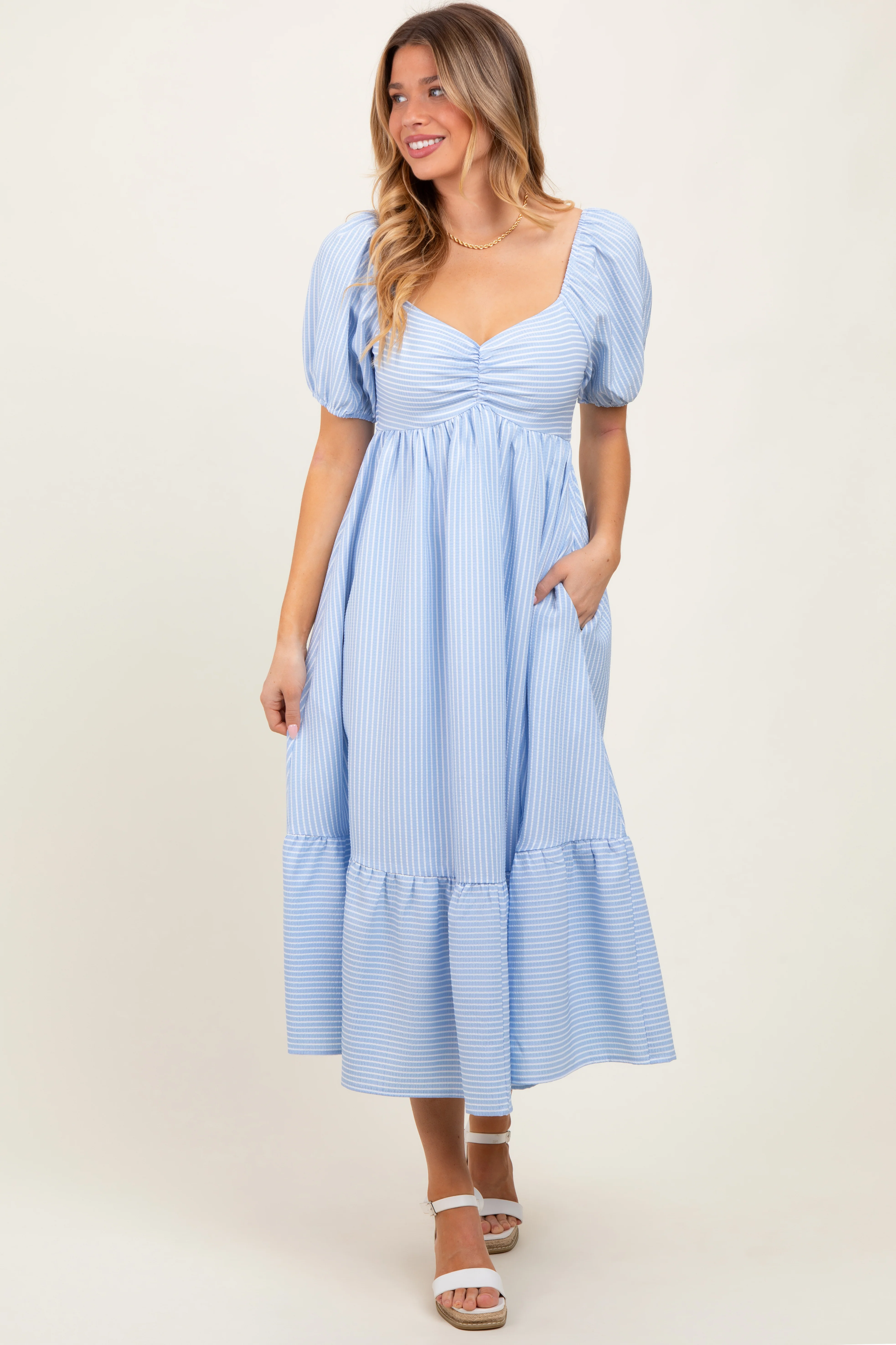 Light Blue Sweetheart Stripe Smocked Back Maternity Midi Dress - Image 5