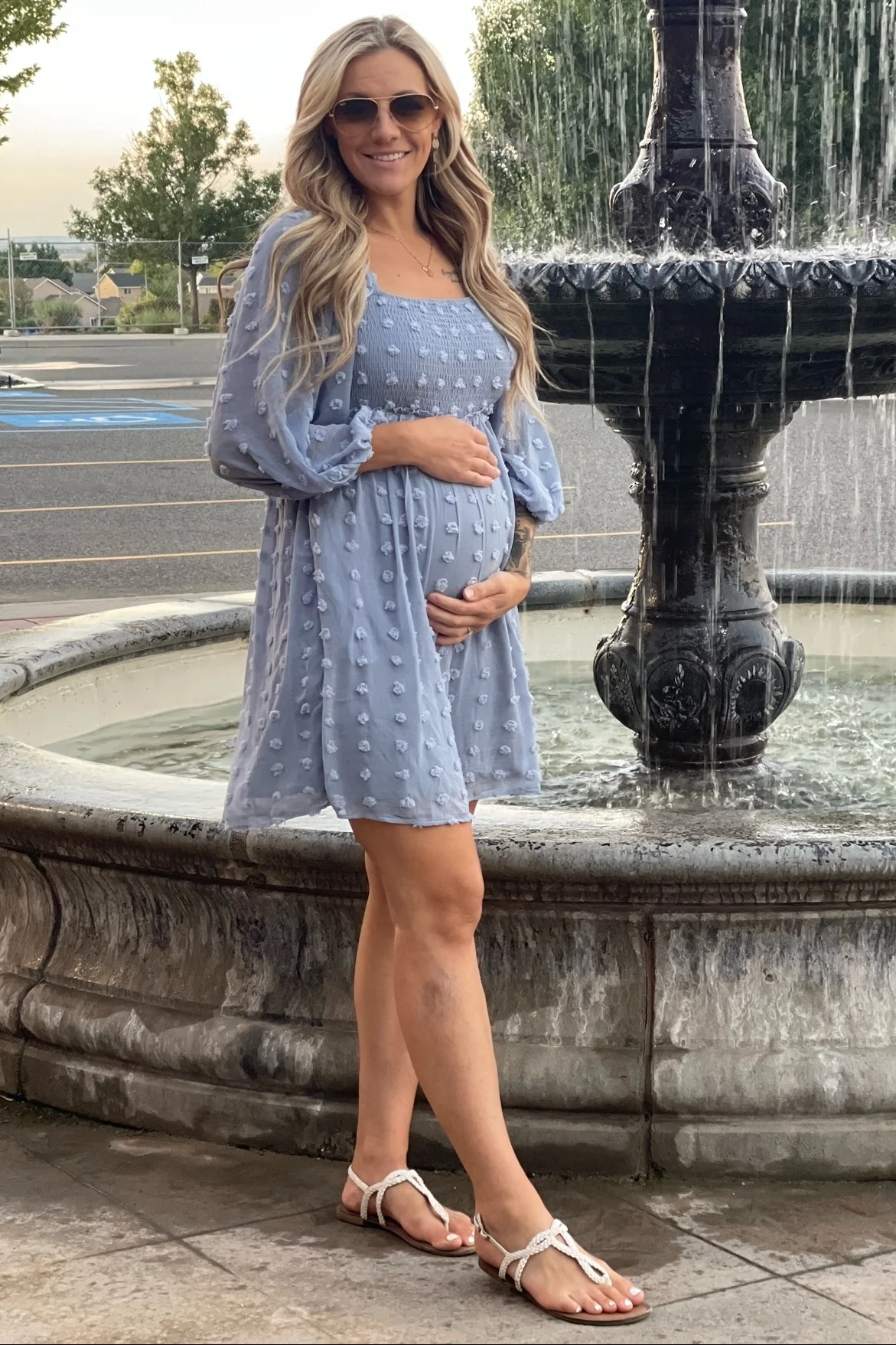 Light Blue Textured Dot Smocked Square Neck Chiffon Maternity Dress - Image 13