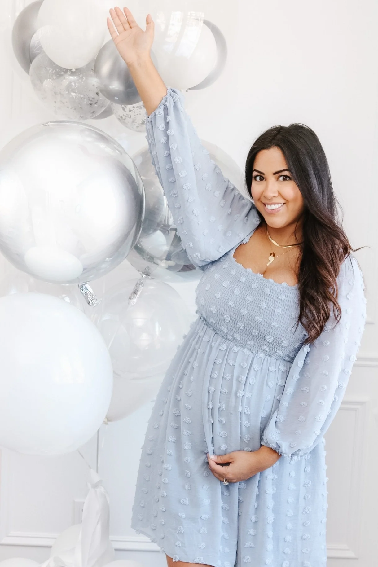 Light Blue Textured Dot Smocked Square Neck Chiffon Maternity Dress - Image 4