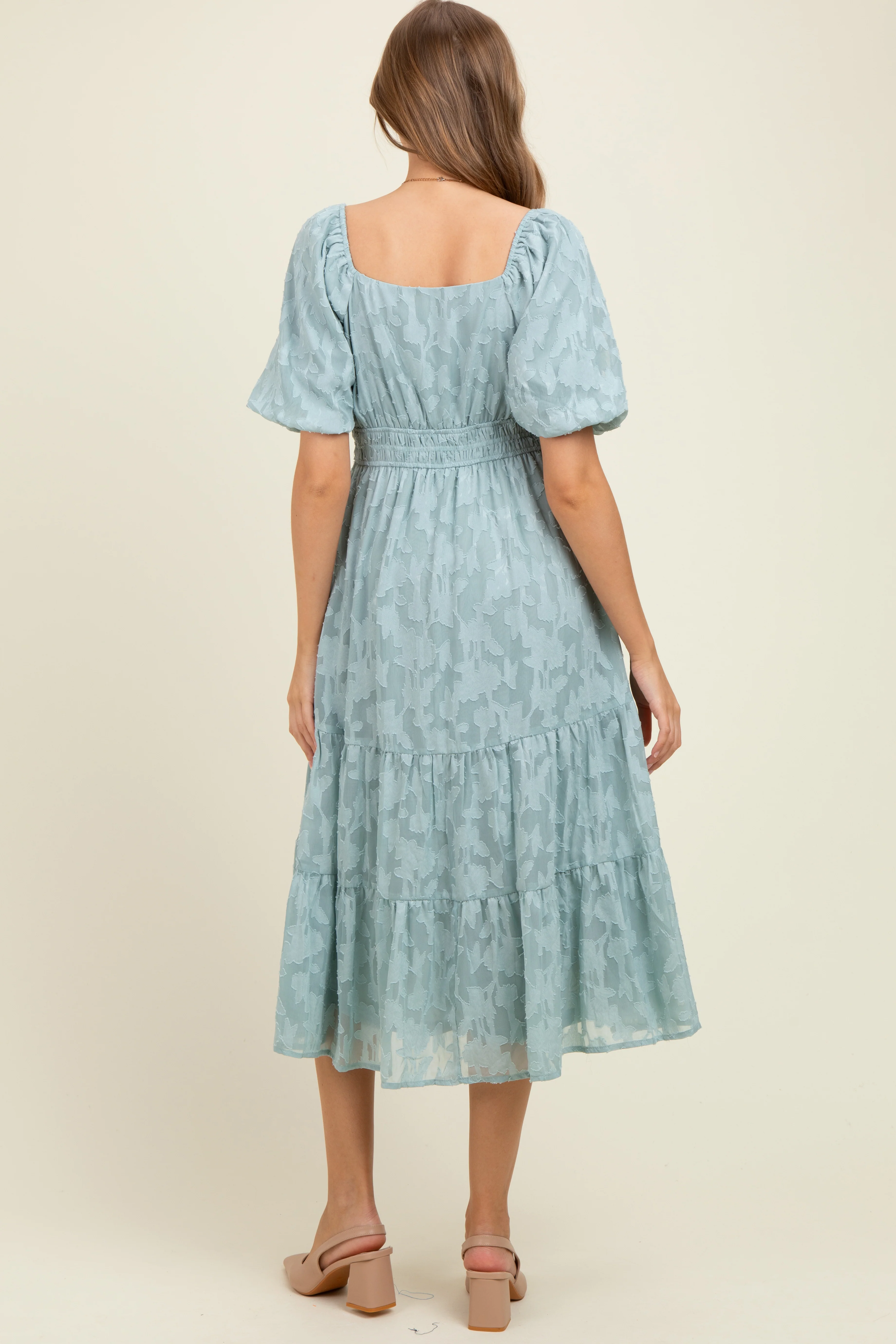 Light Blue Textured Floral Short Sleeve Maternity Midi Dress - Image 4