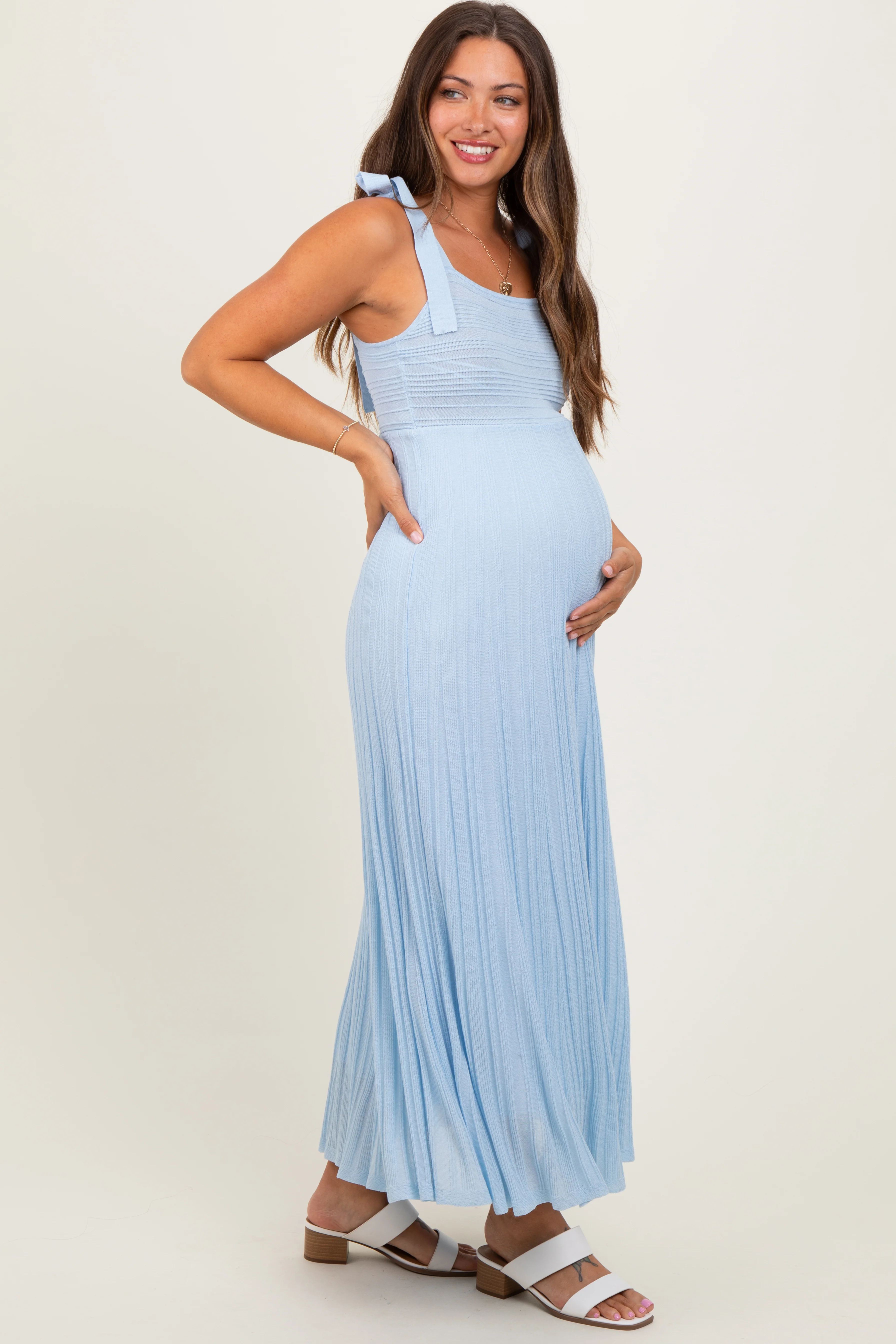 Light Blue Textured Knit Shoulder Tie Maternity Midi Dress - Image 3