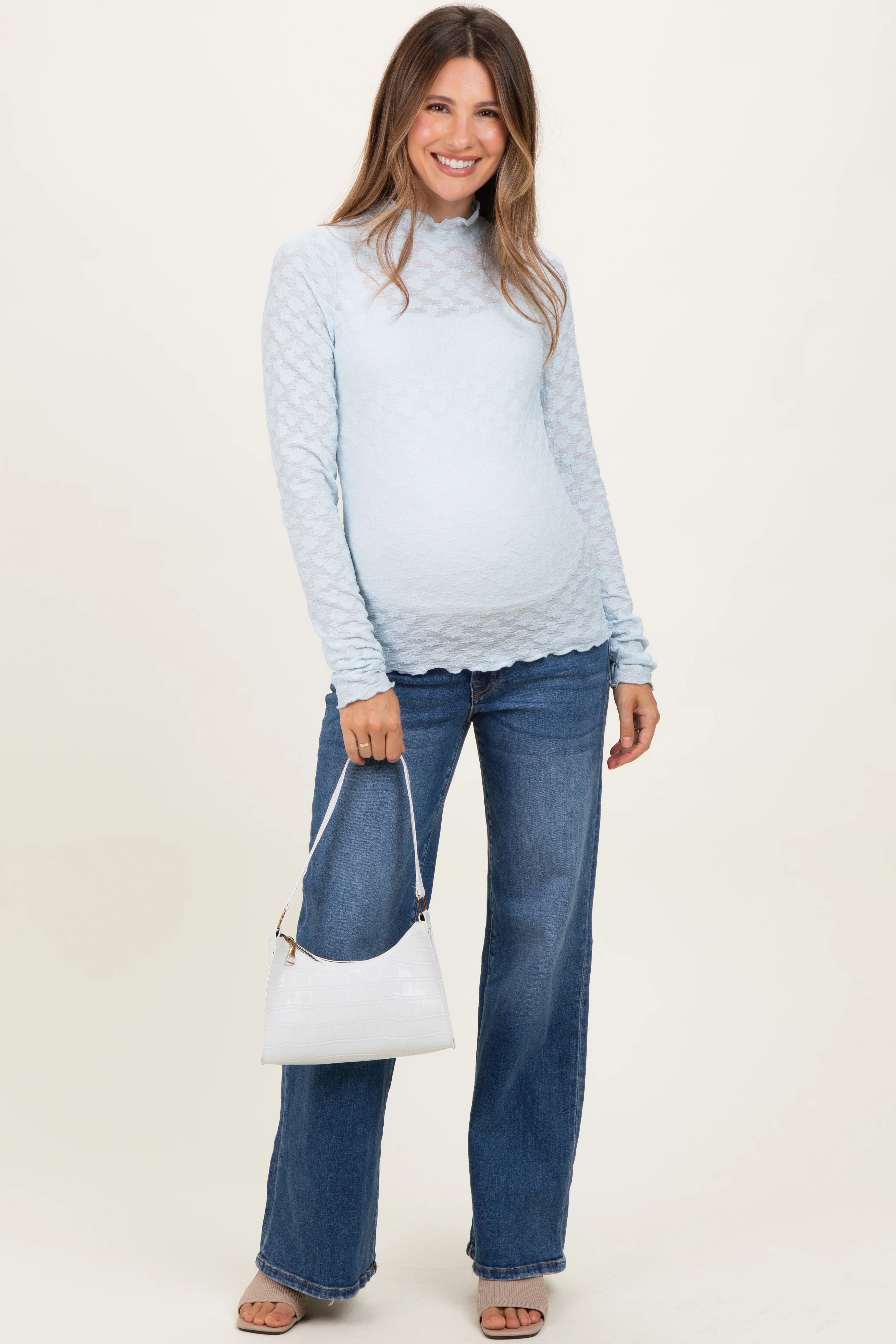 Light Blue Thumbhole Sleeves Mock Neck Lace Maternity Top - Image 2