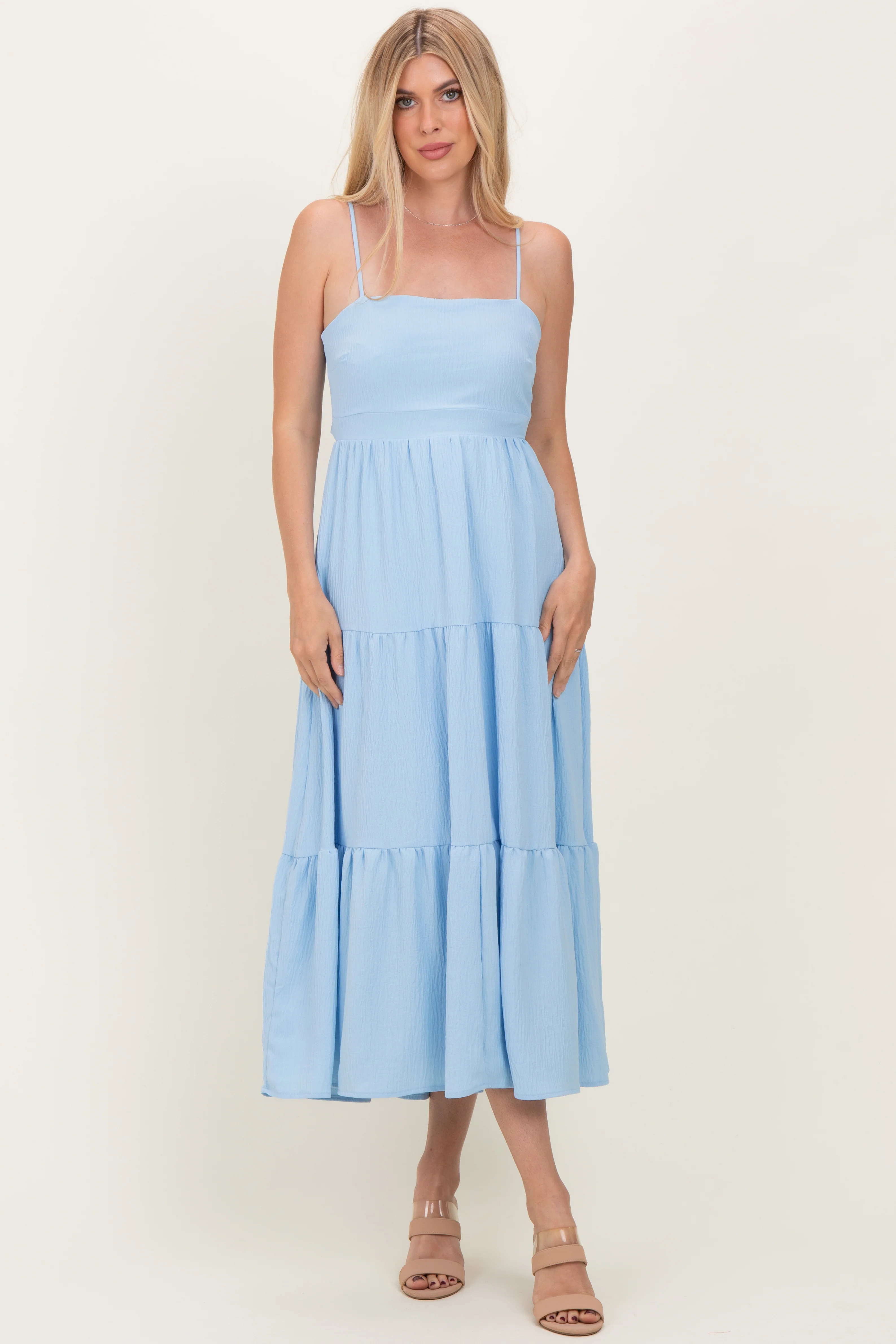 Light Blue Tiered Cutout Tie Back Midi Dress - Image 5