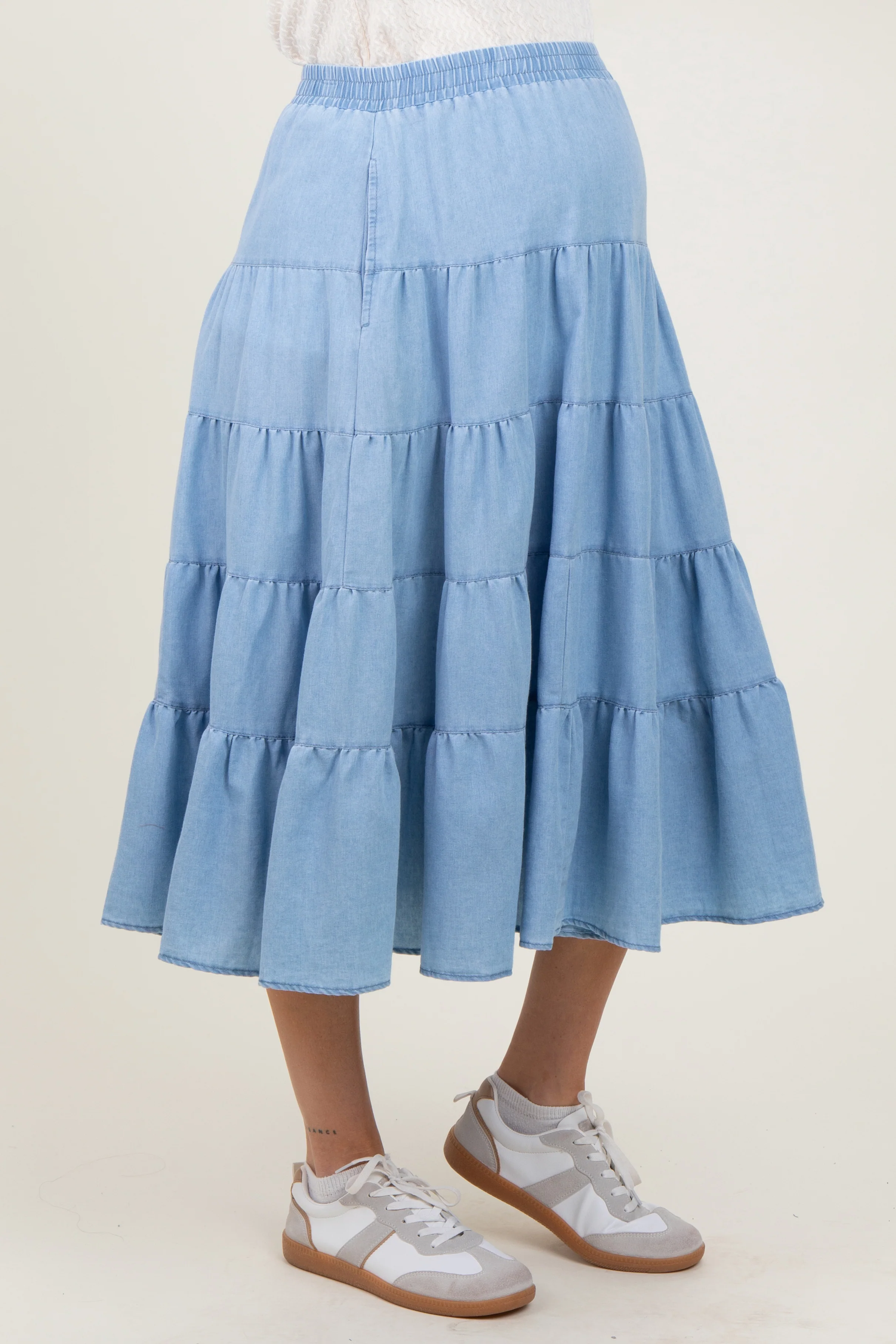 Light Blue Tiered Elastic Maternity Midi Skirt - Image 5