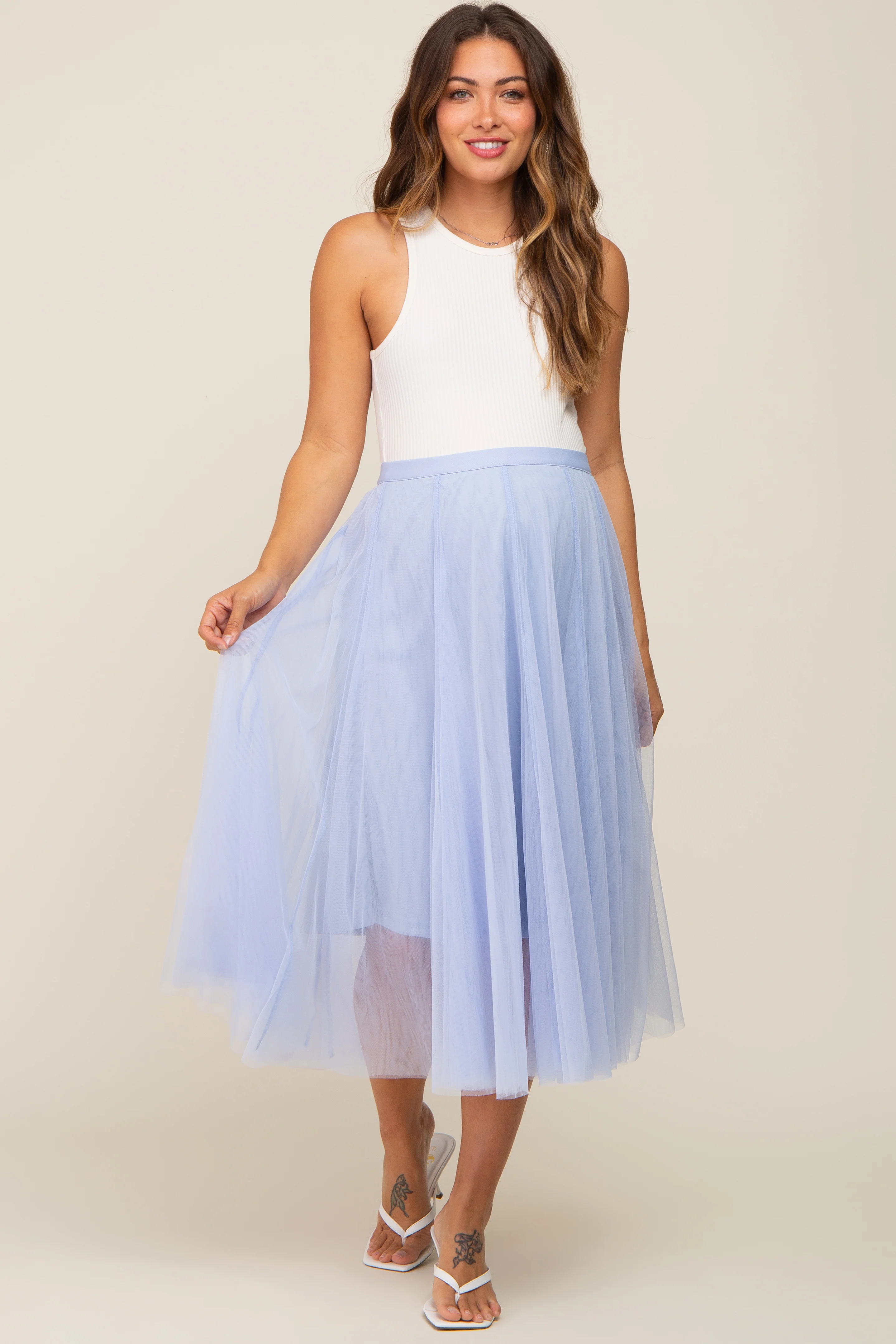 Light Blue Tulle Maternity Midi Skirt - Image 5