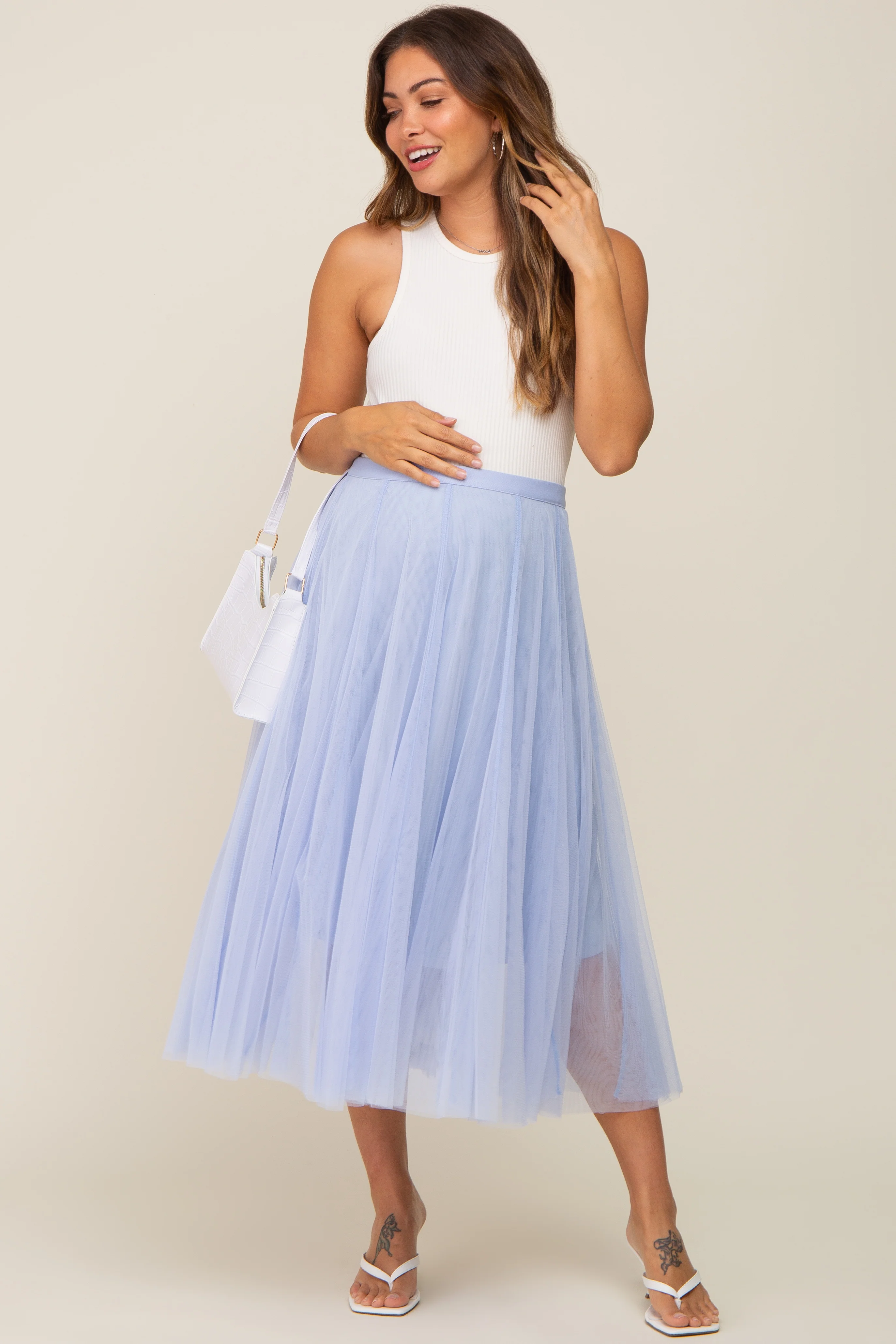 Light Blue Tulle Maternity Midi Skirt - Image 7