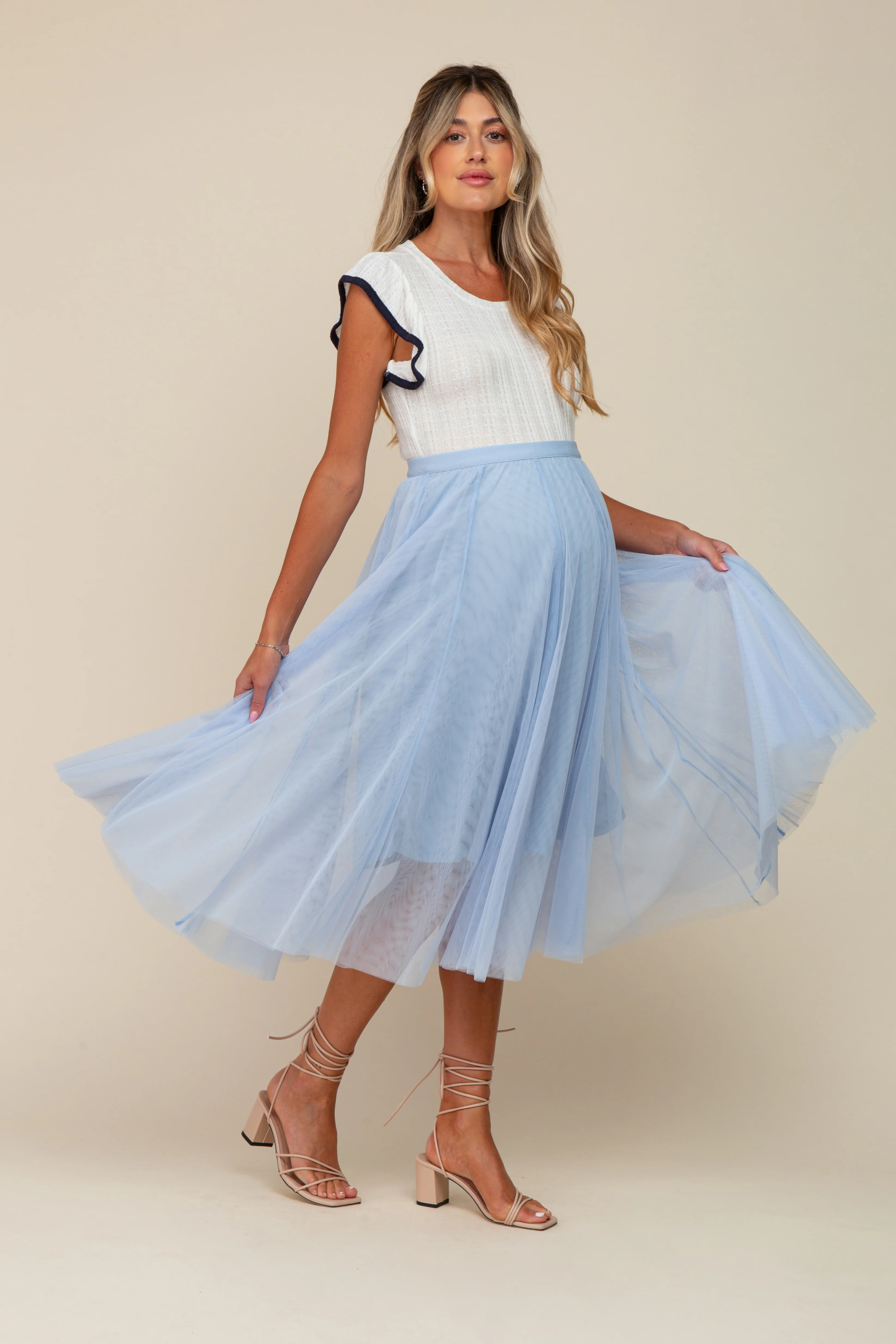 Light Blue Tulle Maternity Midi Skirt - Image 8