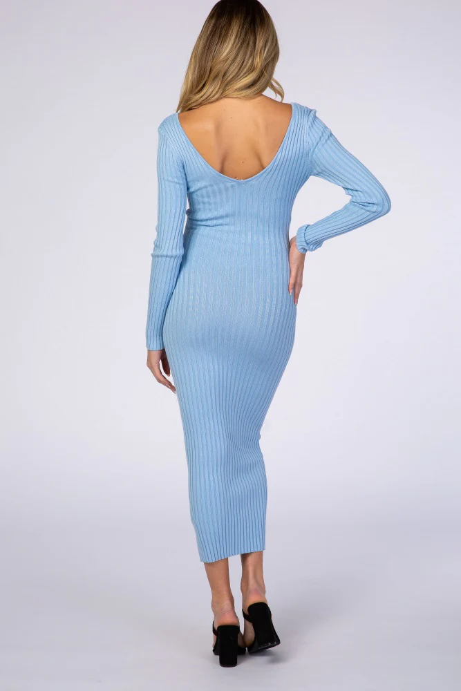 Light Blue V-Neck Long Sleeve Fitted Maternity Maxi Dress - Image 3